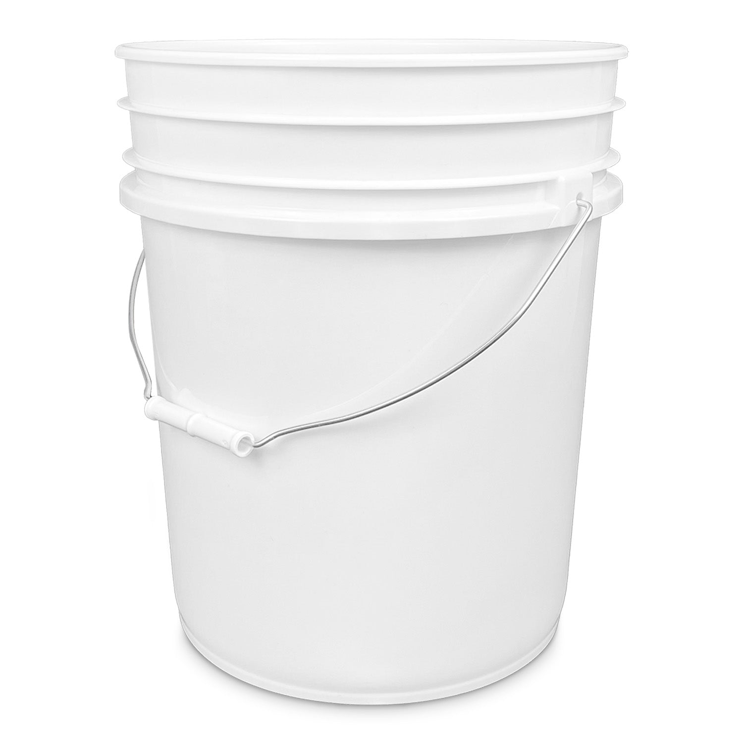 A 5-gallon, BPA-free, food-grade plastic bucket with three top ridges, metal handle, and plastic grip. UN rated 1H2/Y1.5/30. Plain white; shown against a white background. Sold as one count (95 mil thickness).