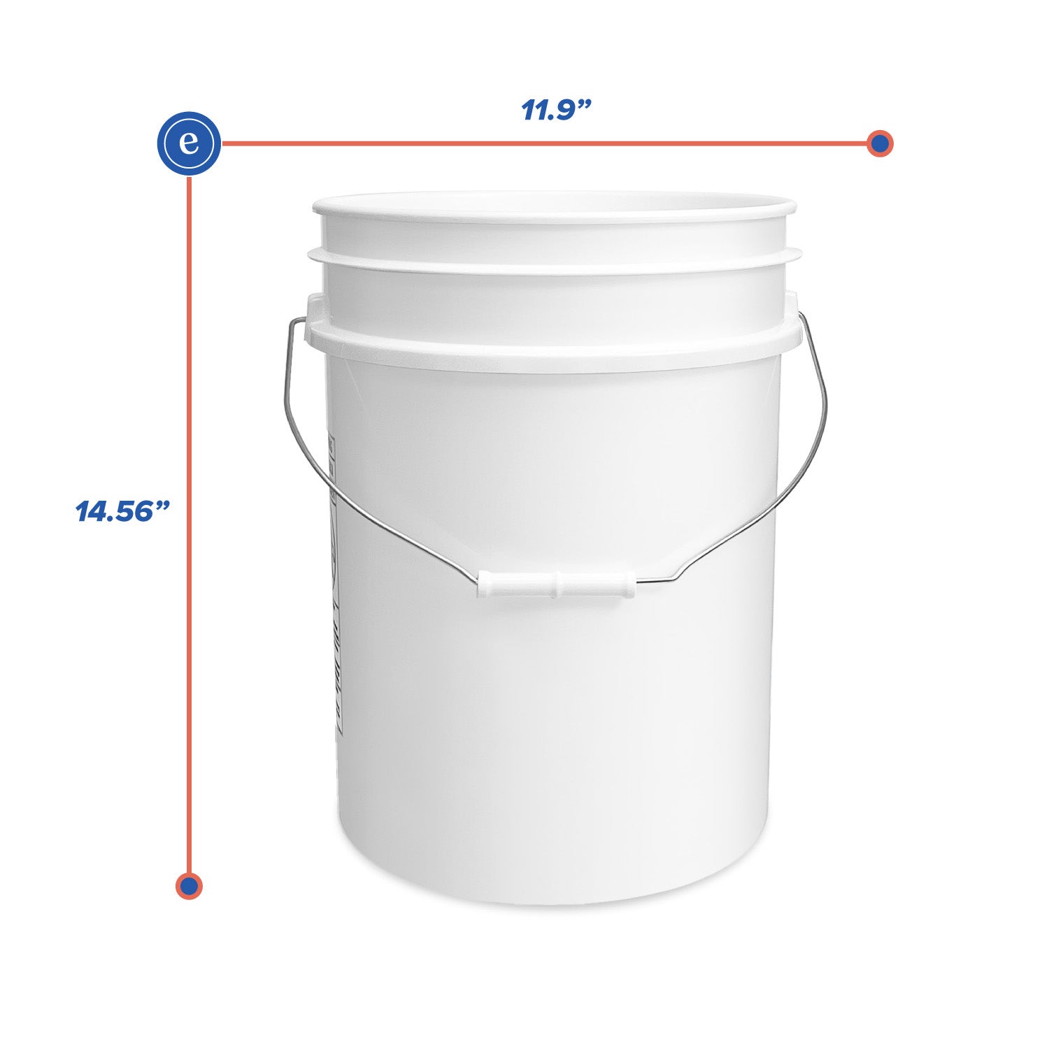 The 5 Gallon Buckets - 90 Mil BPA-Free Food-Grade (1 Count) is a white plastic bucket with a metal handle, measuring 11.9 inches wide and 14.56 inches tall, shown with blue and red dimension lines.