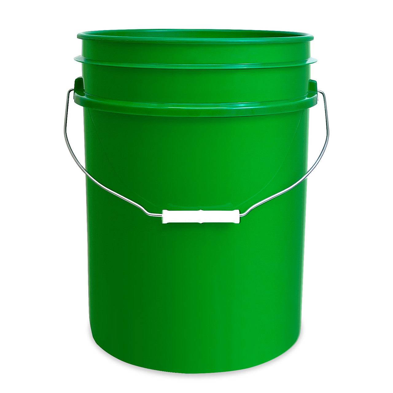 A 5-gallon green plastic bucket (90 mil, BPA-free, food-grade) with a metal handle and white grip, shown on a plain white background.