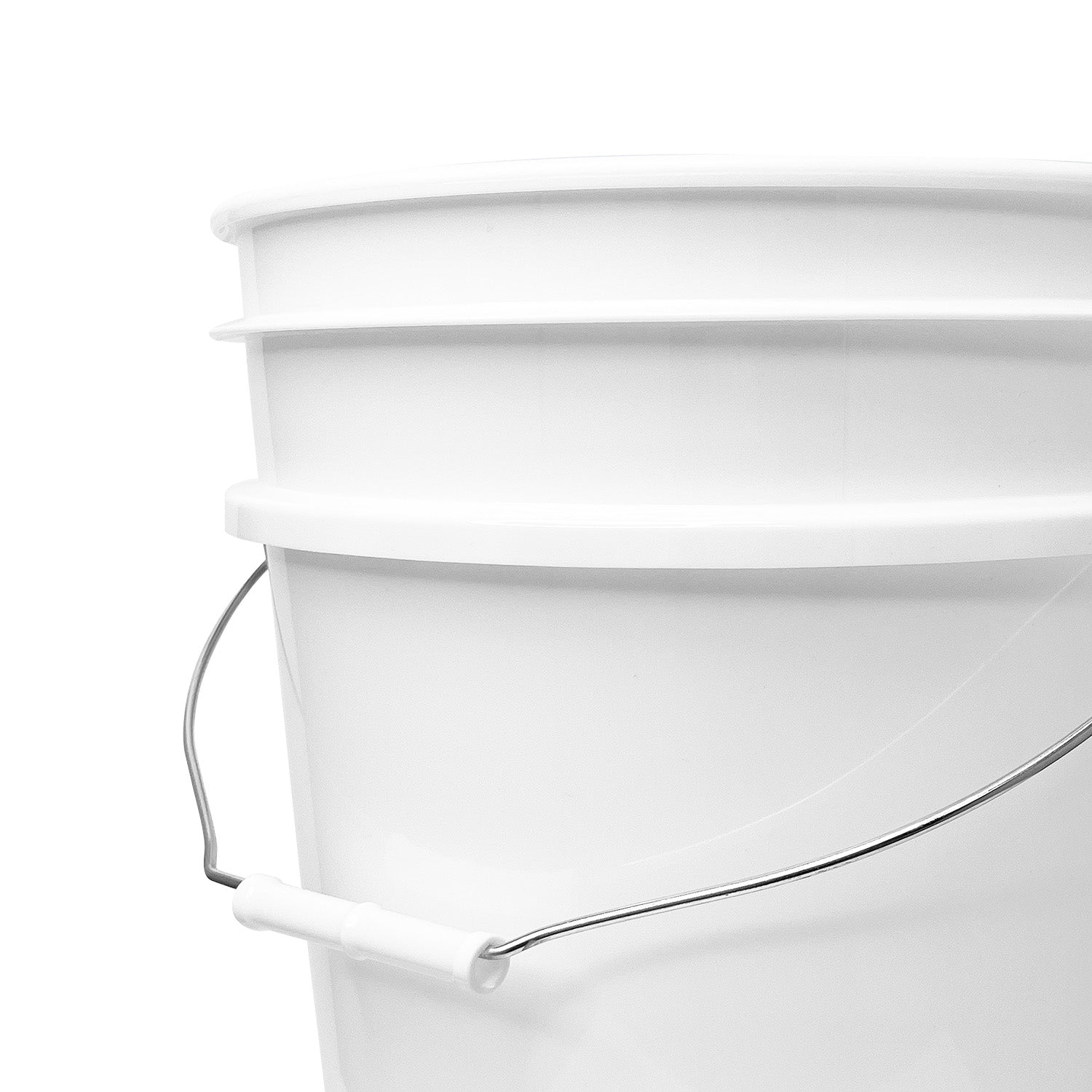 Close-up of the upper side of a 5 Gallon 90 Mil BPA-Free Food-Grade Bucket with metal handle, shown against a white background. Only part of this durable plastic bucket (1 count) is visible.
