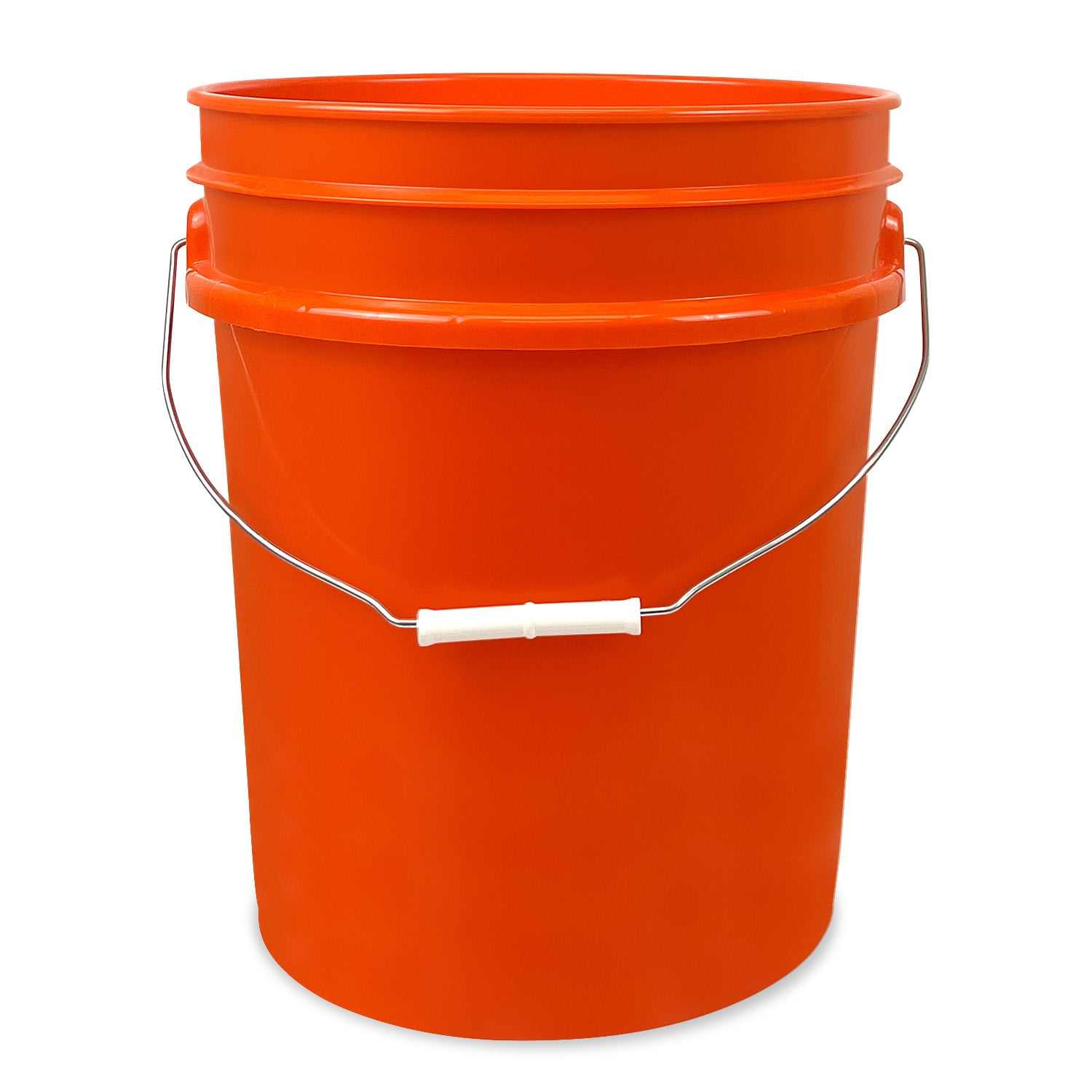 A 5-gallon, BPA-free food-grade orange plastic bucket with a metal handle and white grip, shown against a white background.