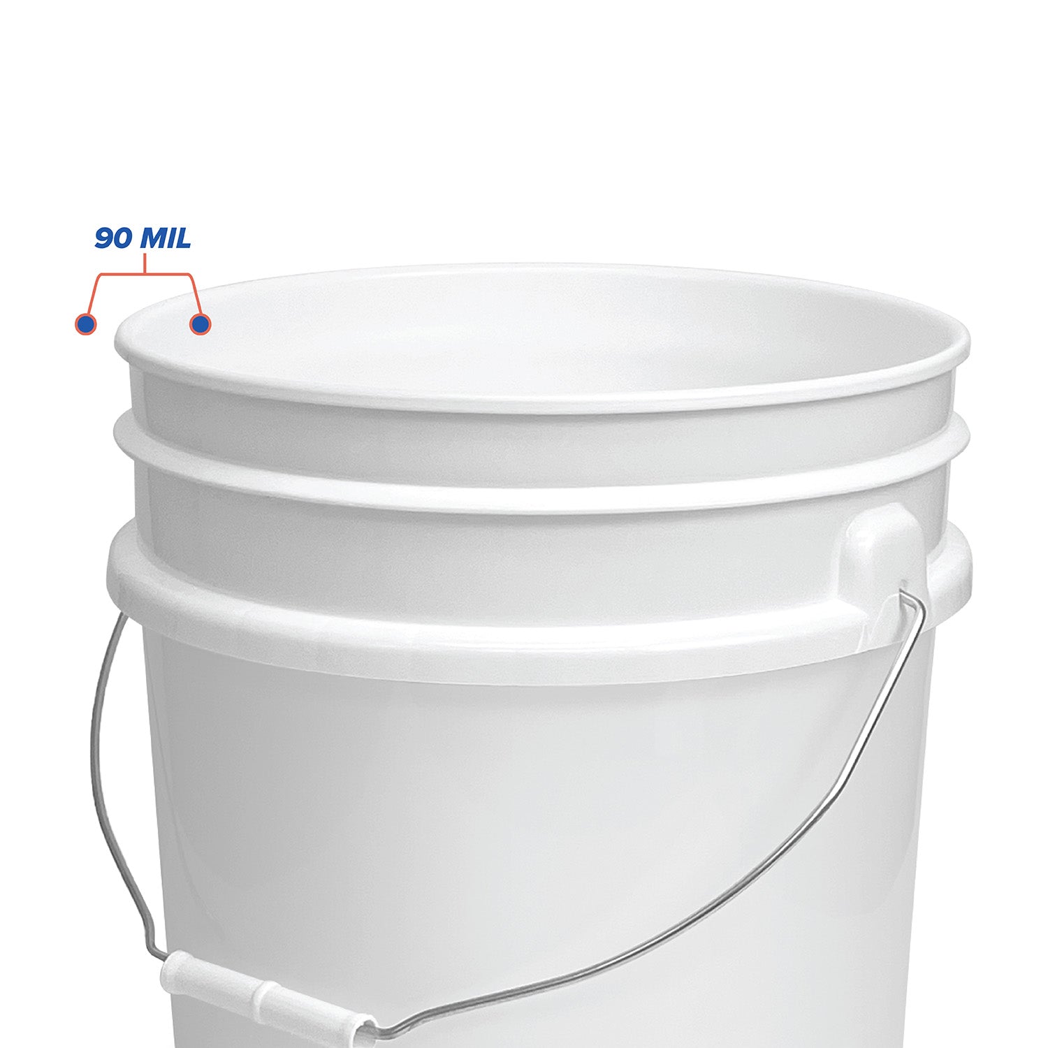 A close-up of a 5 Gallon Bucket – 90 Mil BPA-Free Food-Grade (1 Count) with a metal handle and a label showing “90 MIL” against a plain white background.