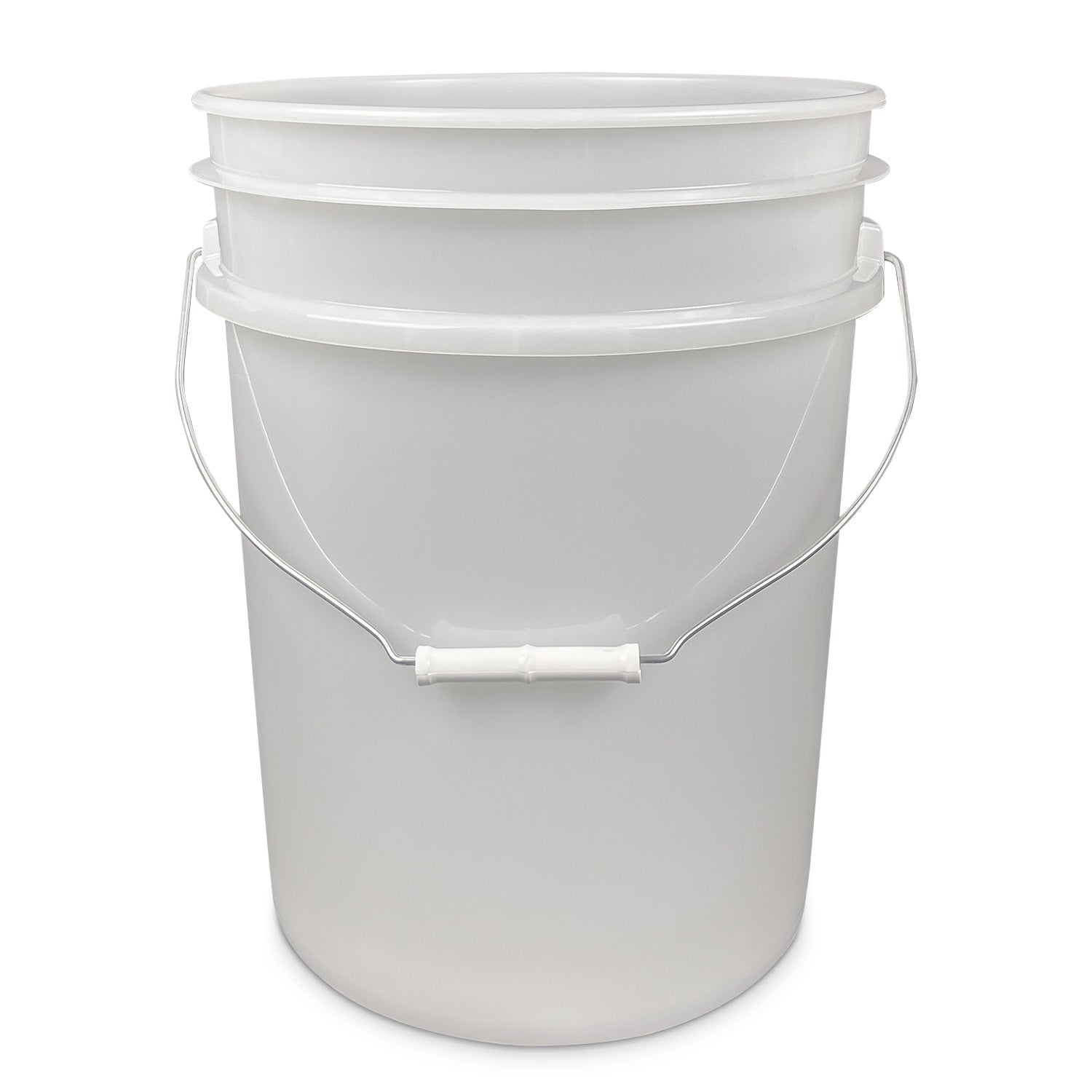 A 5 Gallon 90 Mil BPA-Free Food-Grade bucket with metal handle and white grip, shown on a white background.