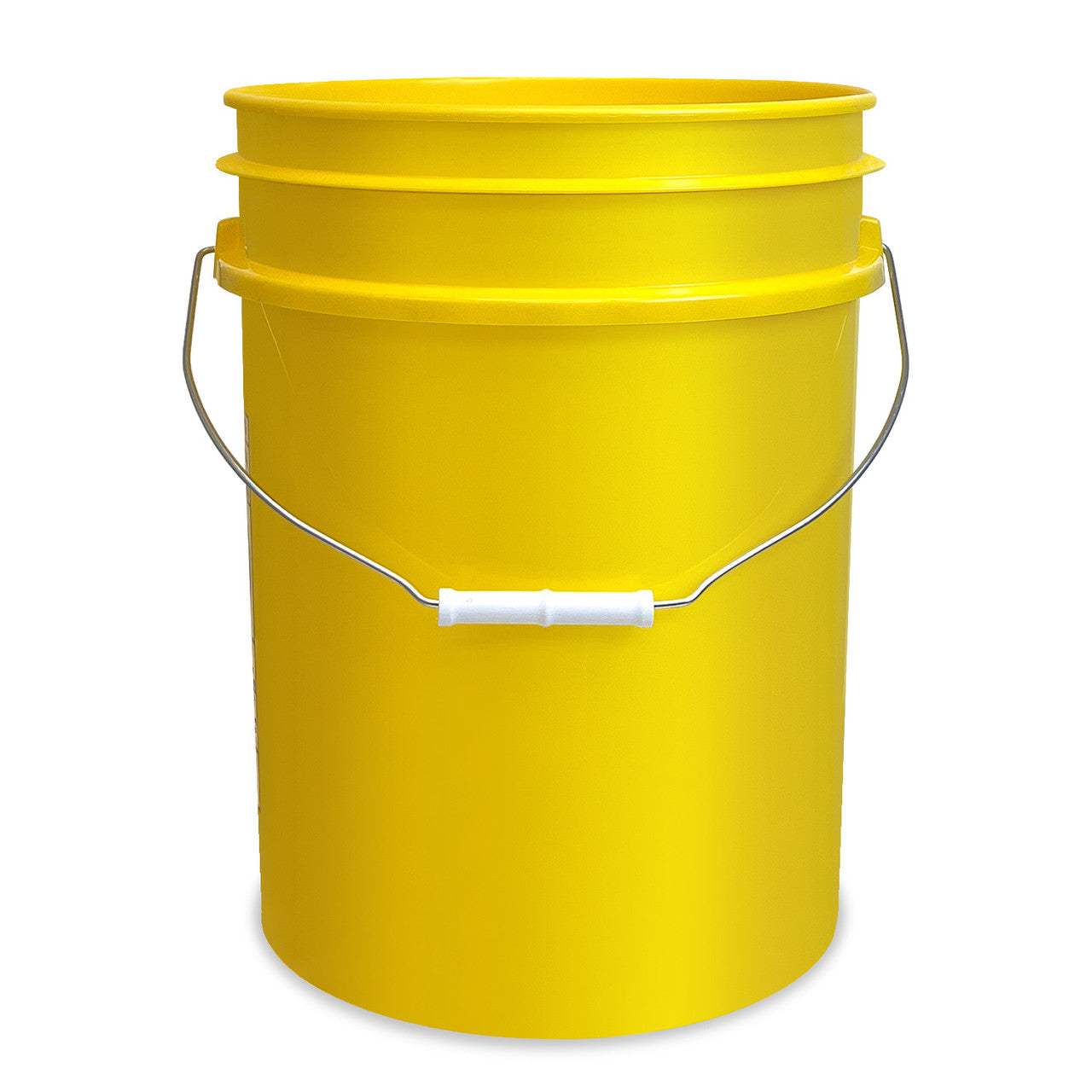 A 5-gallon, bright yellow BPA-free food-grade plastic bucket (90 mil), featuring a metal handle with a white plastic grip, stands upright on a plain white background.