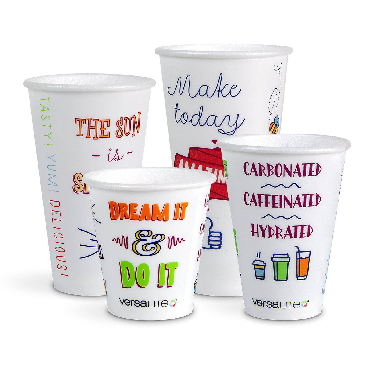 A case of 640-990 Versalite Polypropylene (PP) Good Day Design Cups for Hot/Cold Drinks features four colorful disposable cups with motivational quotes and drink images on a white background.