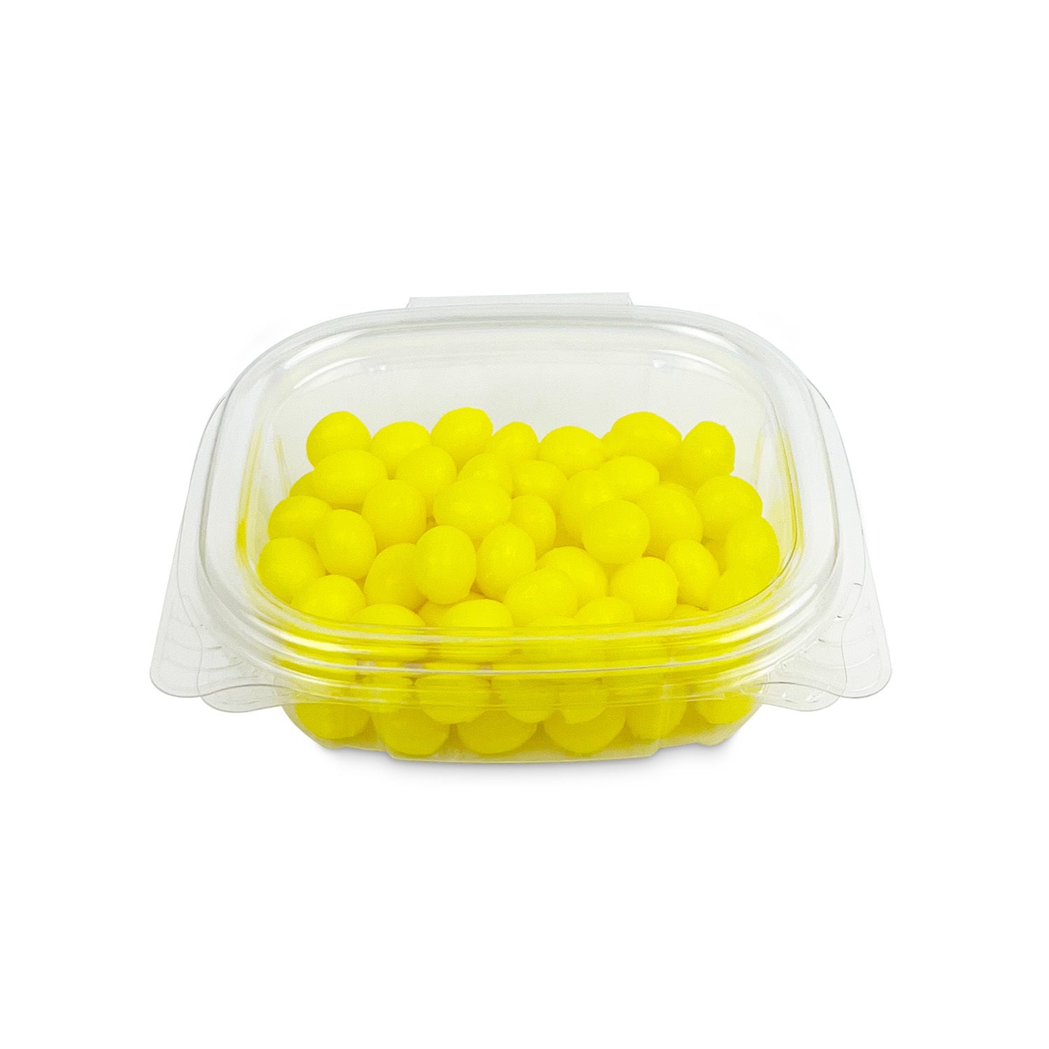 A 4 oz. Crystal Seal hinged deli container, shown against a white background, is filled with small, round, bright yellow candies. Case contains 400 containers.