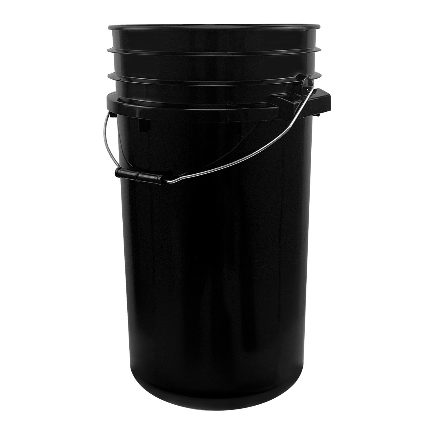 A 7 Gallon 90 Mil BPA-Free Food-Grade black plastic bucket with a metal handle, shown standing upright against a white background.