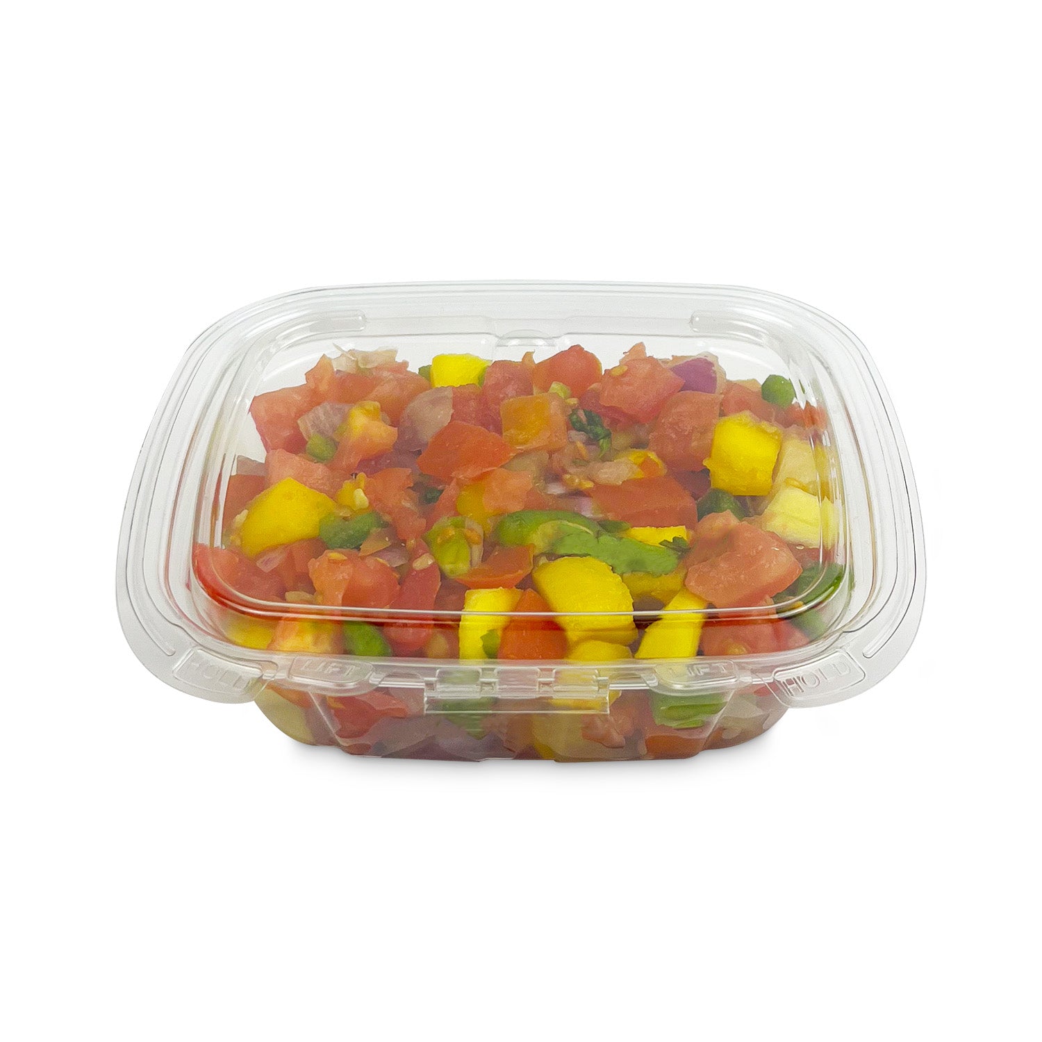 An 8 oz. Crystal Seal Tamper-Evident Container, case of 210, holds diced mango, tomato, onion, and green herbs in a fresh salsa mix, shown against a white background.