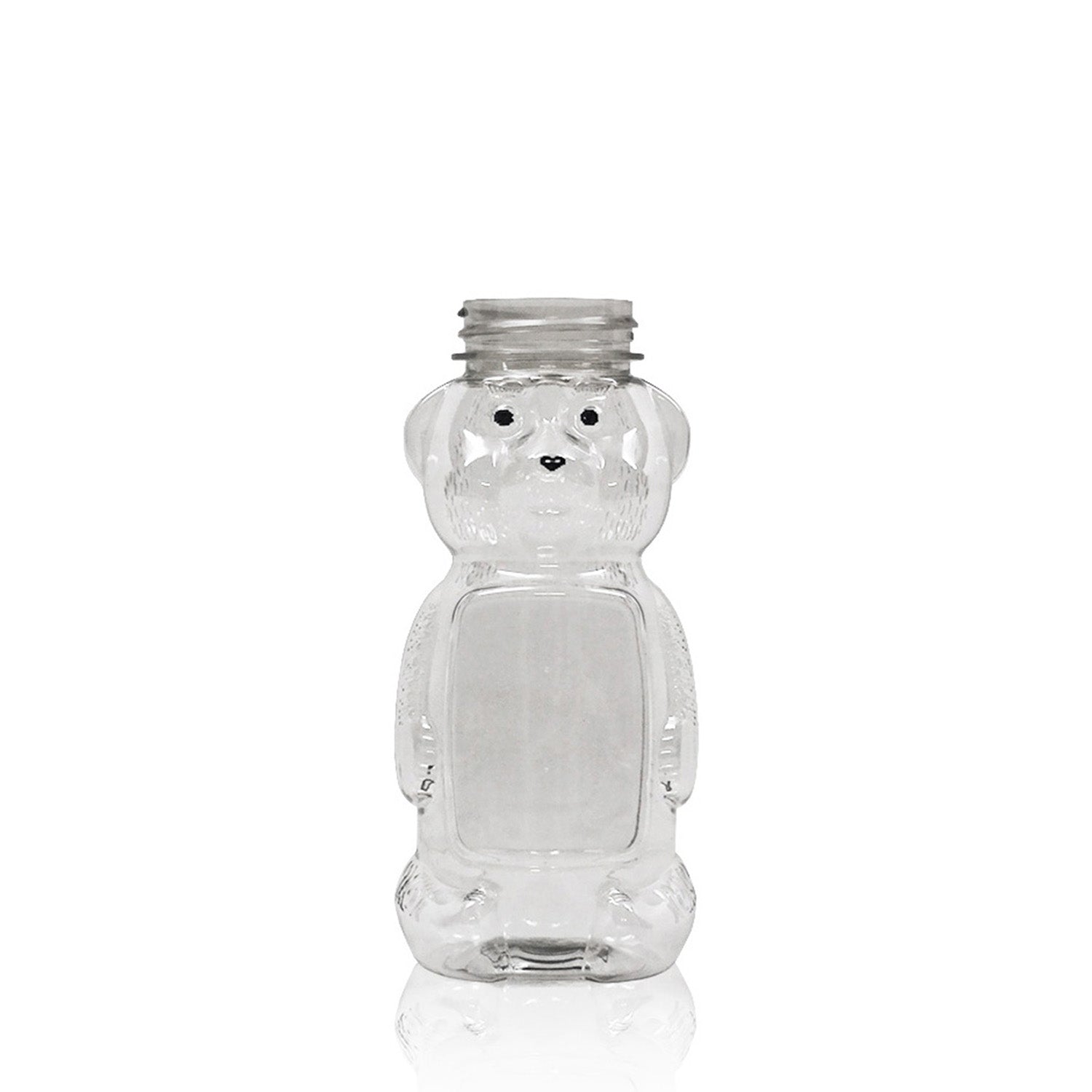 An 8 oz. PET rectangle panel honey bear bottle (38/400 standard), empty and clear with embossed facial features, stands upright on a white background.