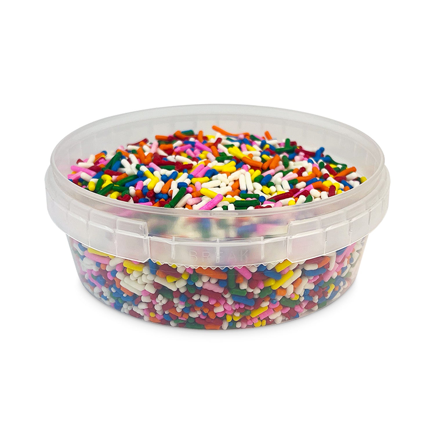 An 8 oz. BPA-free food-grade tamper-resistant container (case of 500) filled with rainbow sprinkles in red, yellow, green, blue, pink, orange, white, and purple sits against a white background.