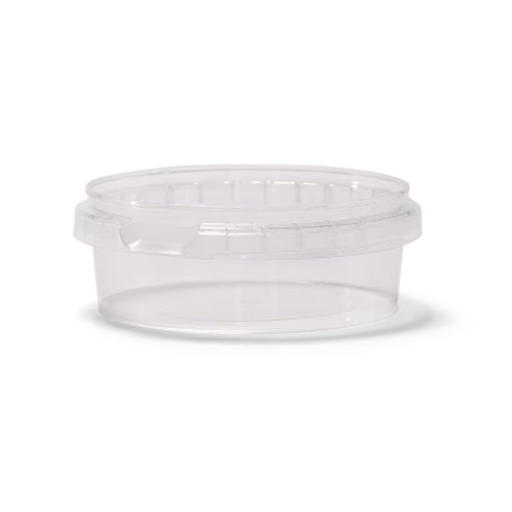The 8 oz. BPA-Free Food-Grade UniPak Tamper-Evident Round Container (T40408UPTRCP) with a clear lid is shown against a white background. Sold as a case of 500.
