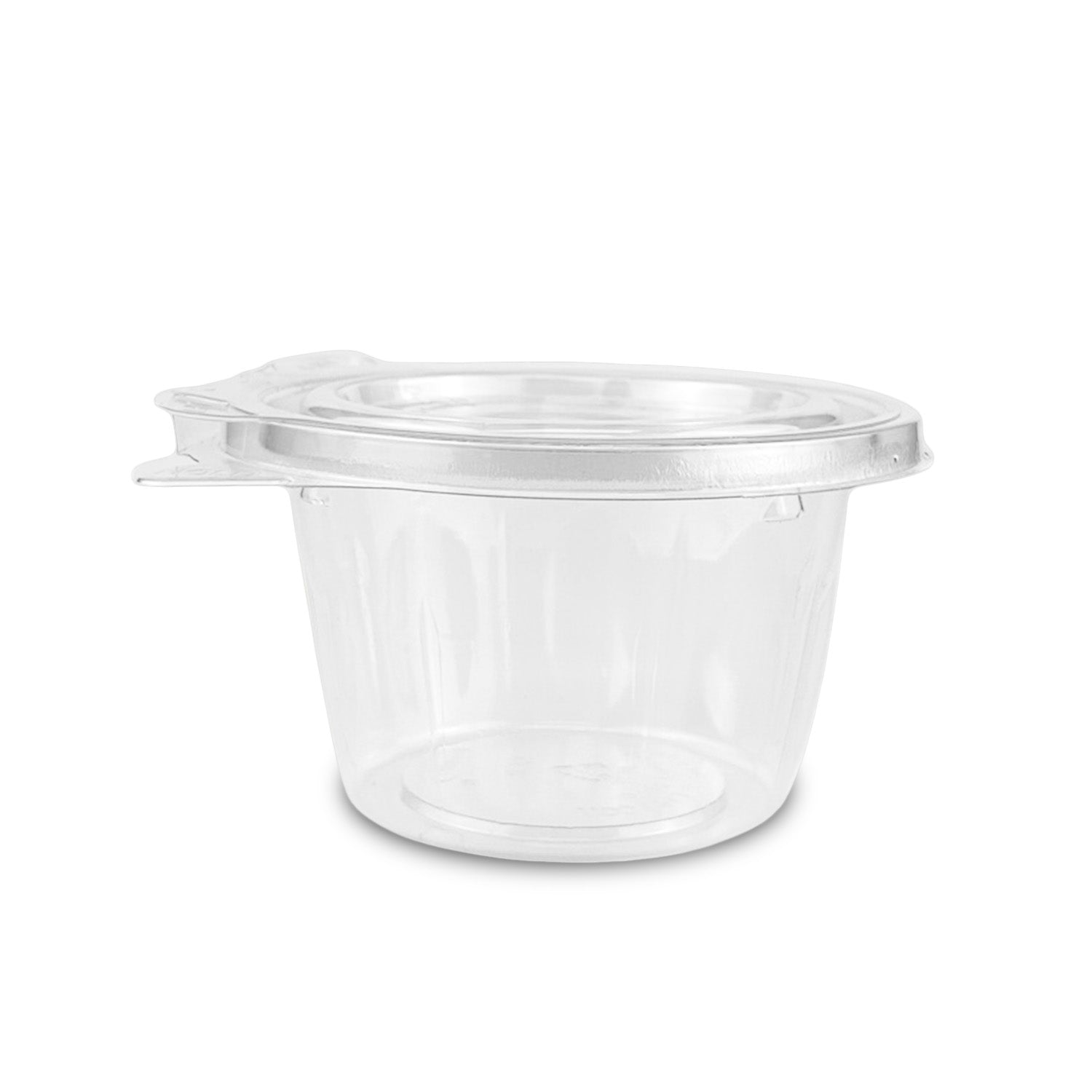 The 8 oz. Tamper-Resistant, Tamper-Evident Snack Cup with Flat Lid (case of 272) is a clear, round plastic container with a matching snap-on lid, shown against a plain white background.