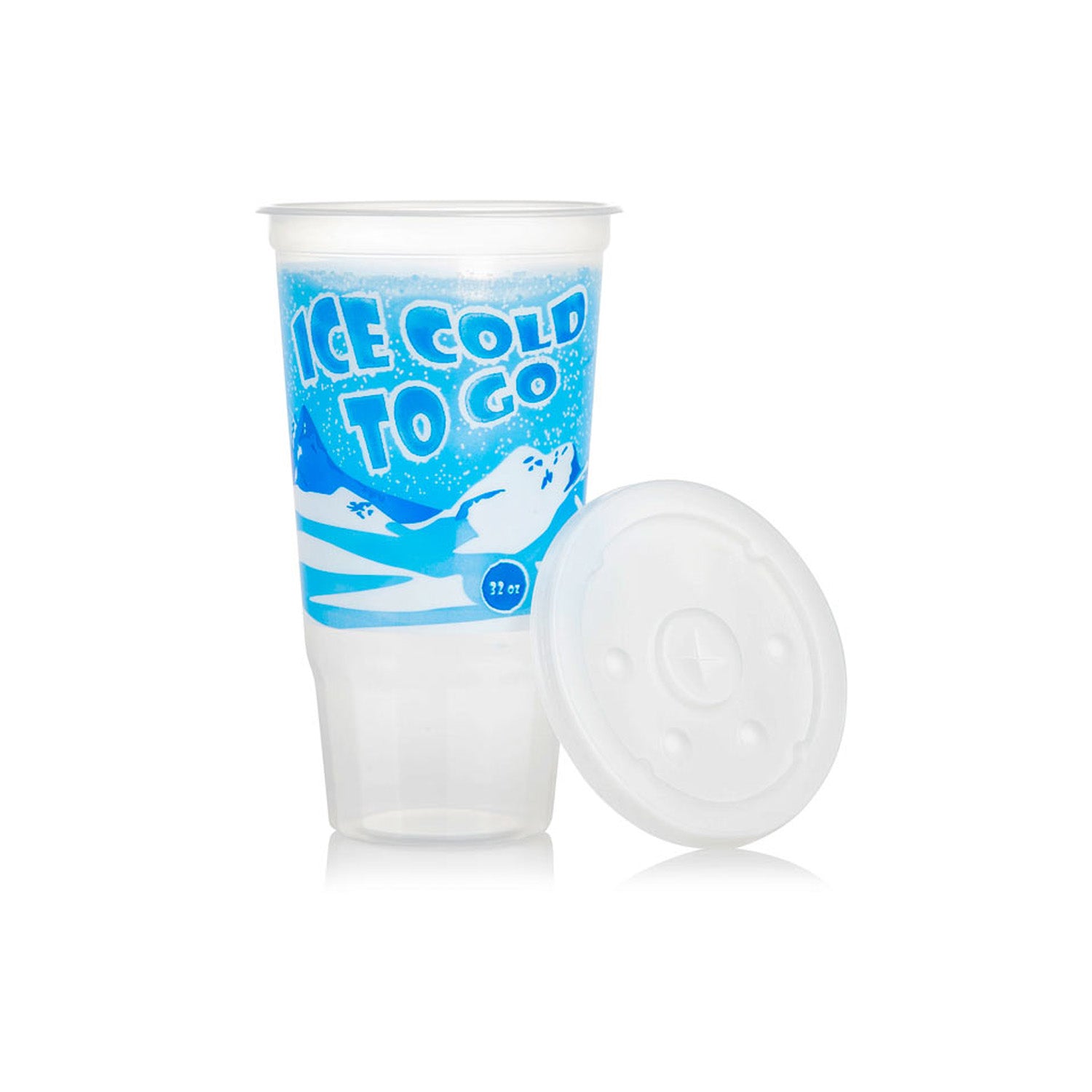 A 32 oz. translucent Cold To-Go Cup with Ice Cold Refresh Design, featuring a polar bear and ice graphics, sits next to its white plastic lid on a white background. Case of 540 cups with lids included.