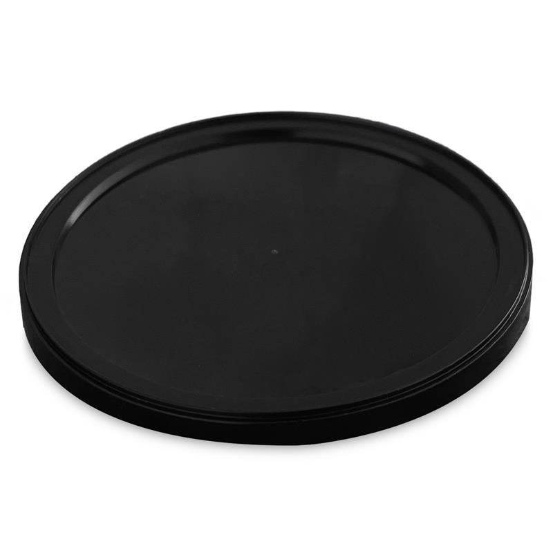 A BPA-Free Food-Grade Single Seal Lid (L409) is shown on a white background. The black, round plastic lid is flat with a slightly raised rim around the edge. Available in a case of 1500.