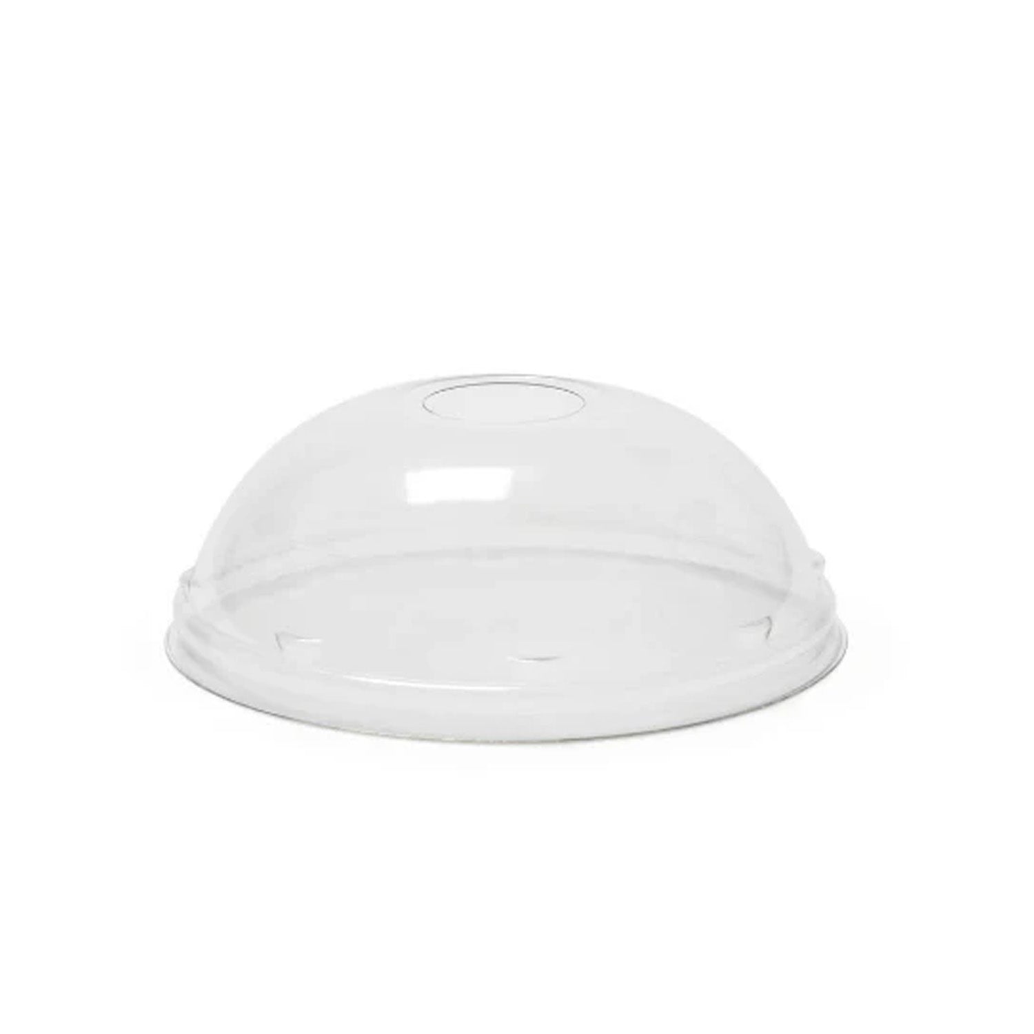 The BPA-Free Dome Lids with Wide Hole for 32 oz. Cups (DLTI402UPETDOME), shown against a white background, feature a clear, plastic, dome-shaped design with a circular top opening. Sold in cases of 1000.