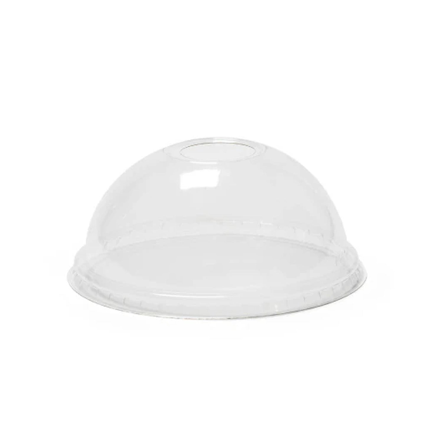 BPA-Free Clear Disposable Dome Lids with Wide Hole (DLTI314WHDOME), case of 1000, are clear, dome-shaped plastic lids featuring a circular top opening, ideal for cups or drink containers.
