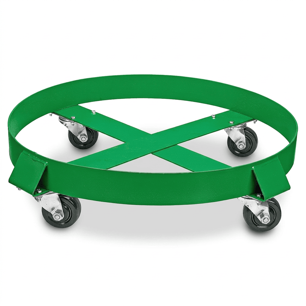 A Steel Drum Dolly for 55-gallon drums with a 1,000 lb capacity, featuring four swivel caster wheels and a circular steel frame, designed for easy transport of large barrels or containers.