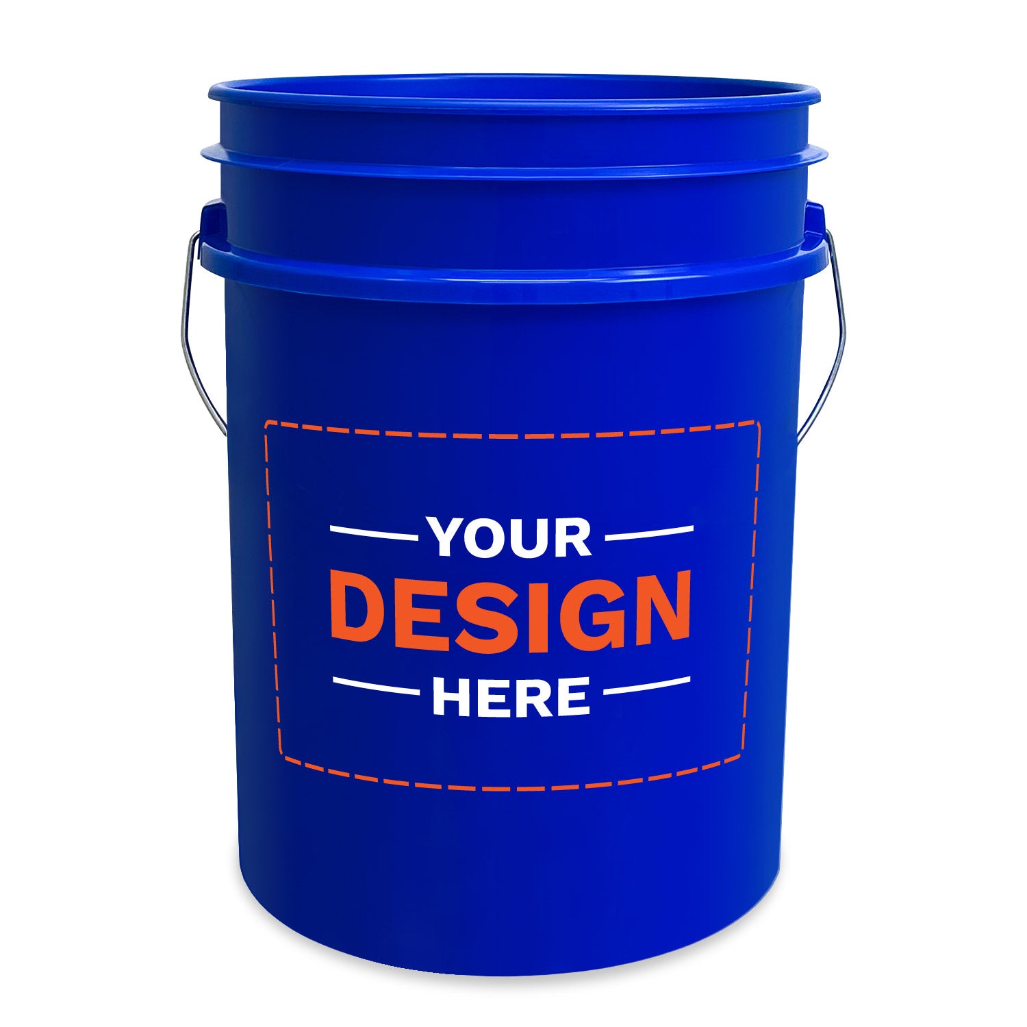 The Custom 5 Gallon Bucket is a large blue plastic pail with a metal handle, featuring "Your Design Here" in white and orange lettering inside a dashed rectangle on the front.