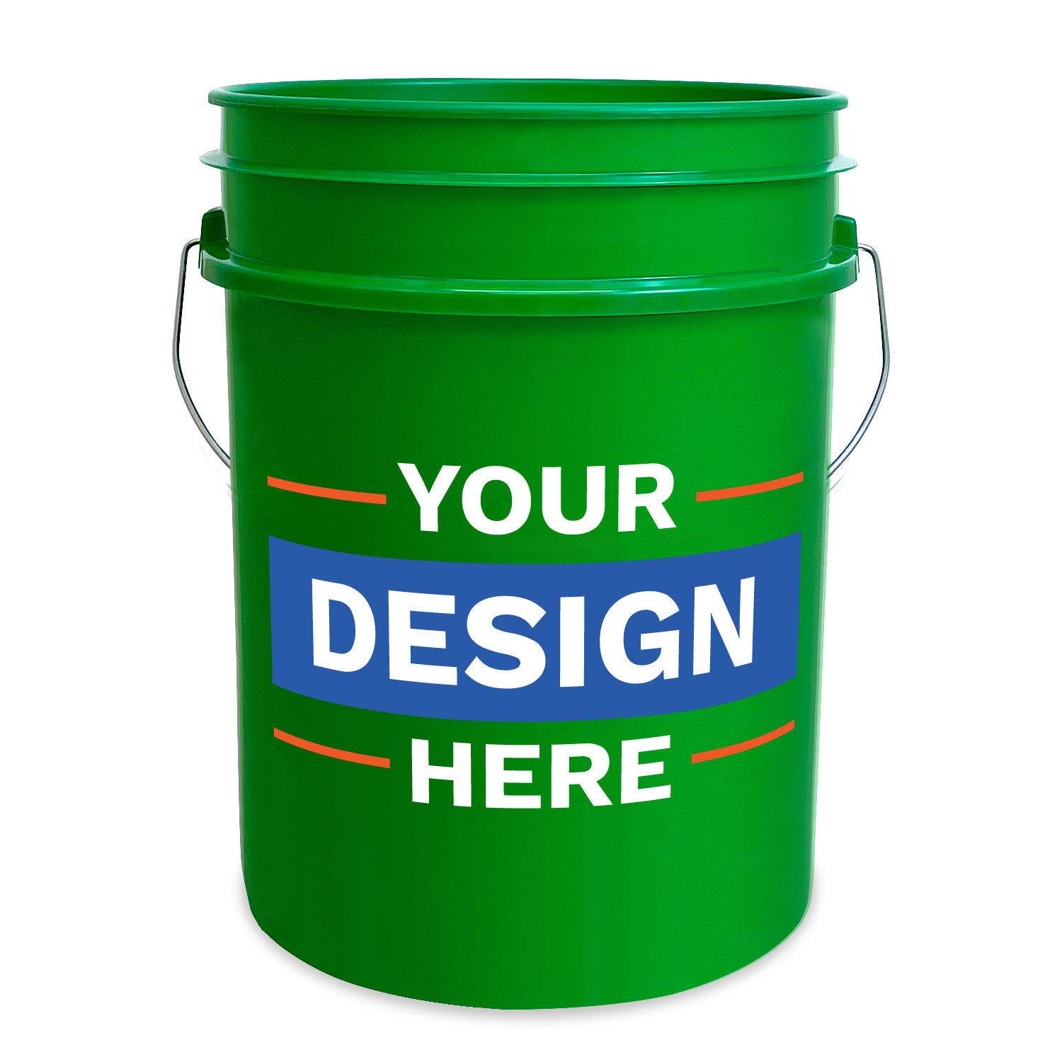 Custom 5 Gallon Bucket in green plastic with a metal handle, featuring "YOUR DESIGN HERE" in white and blue on the front, highlighted by red lines above and below "DESIGN.