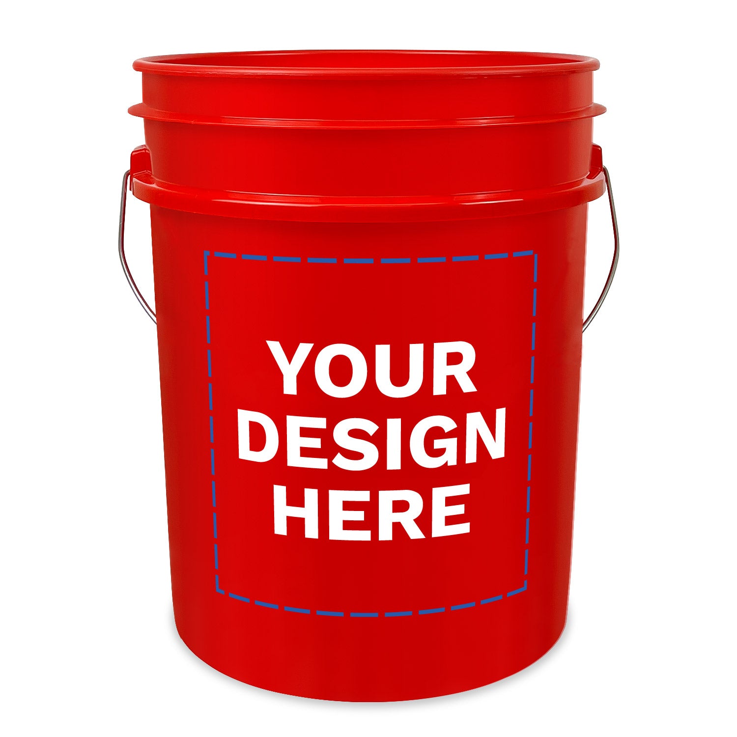 Custom 5 Gallon Buckets in bright red plastic with a metal handle, showcasing a dashed blue square and bold white "YOUR DESIGN HERE" text on the front, highlighting a customizable area for your graphics.