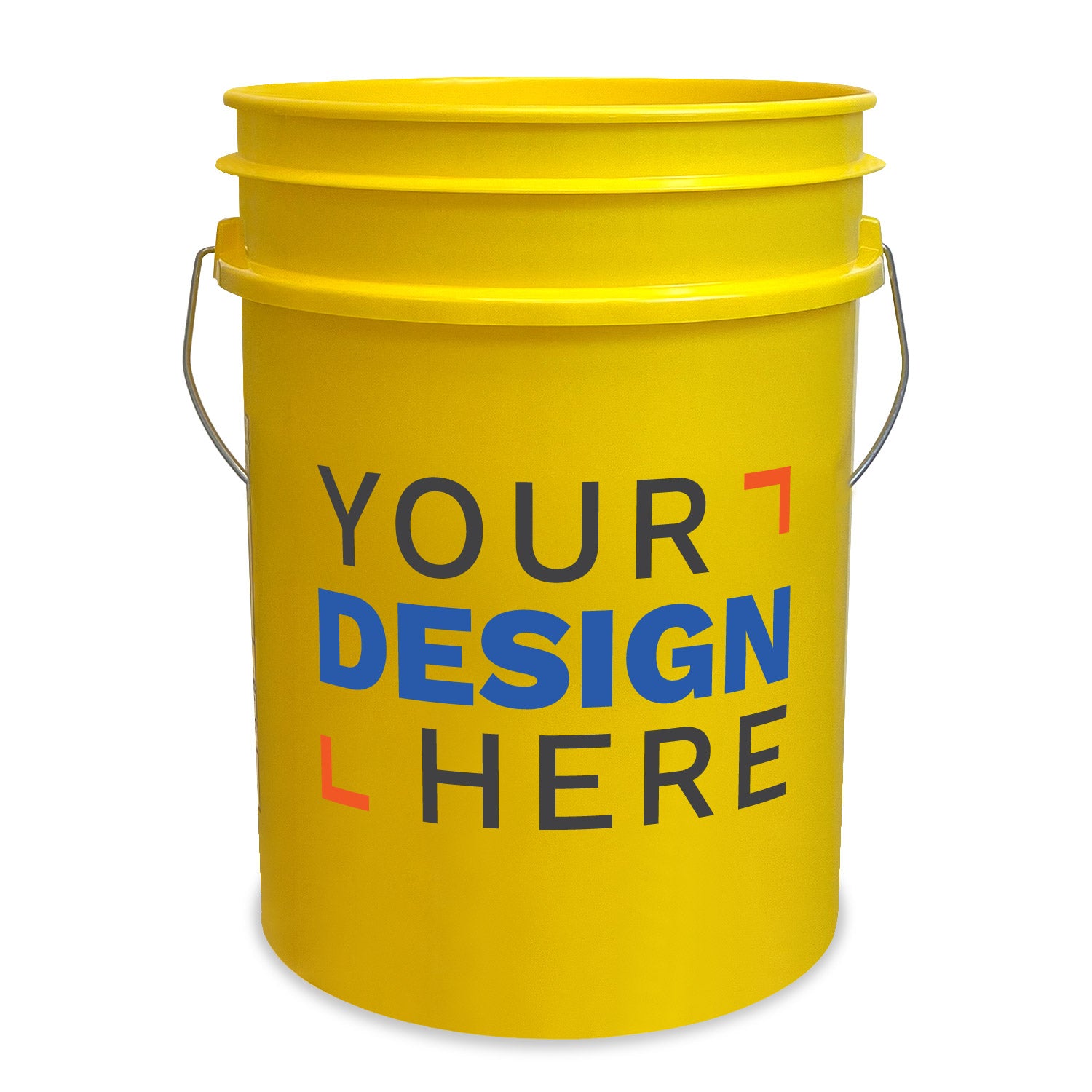 The Custom 5 Gallon Buckets are bright yellow plastic with metal handles and display "YOUR DESIGN HERE" in bold black and blue, showing they can be personalized with your own design.