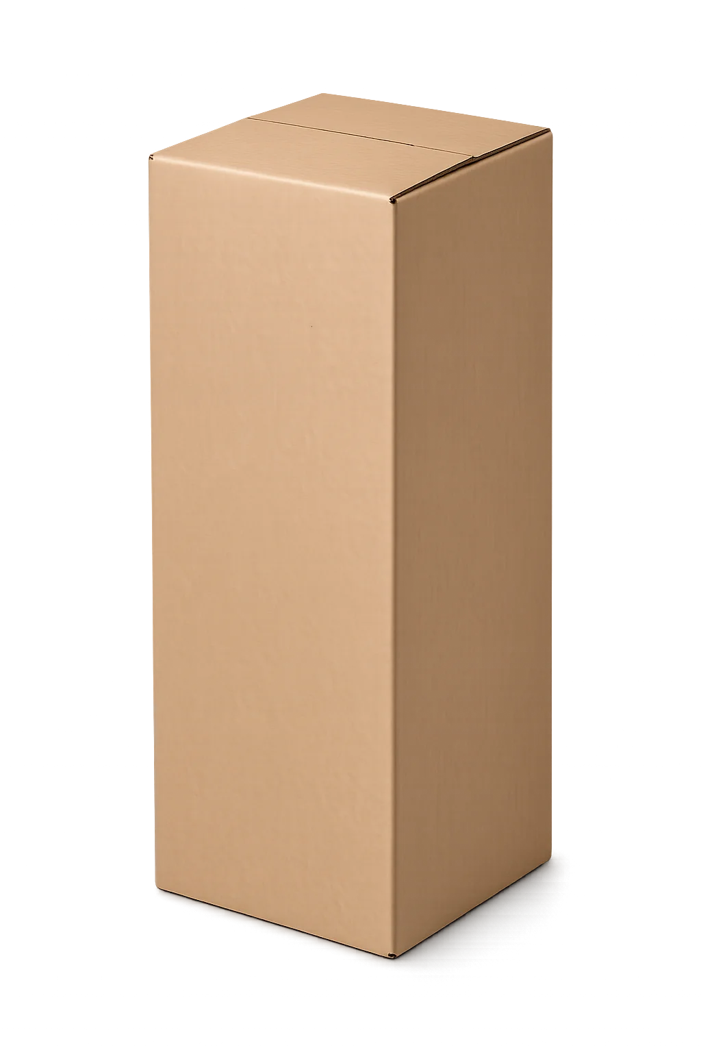 A pallet of 500 9.5x9.5x18 corrugated boxes is shown, featuring tall, rectangular, plain brown cardboard boxes standing upright on a white background with no labels or markings.