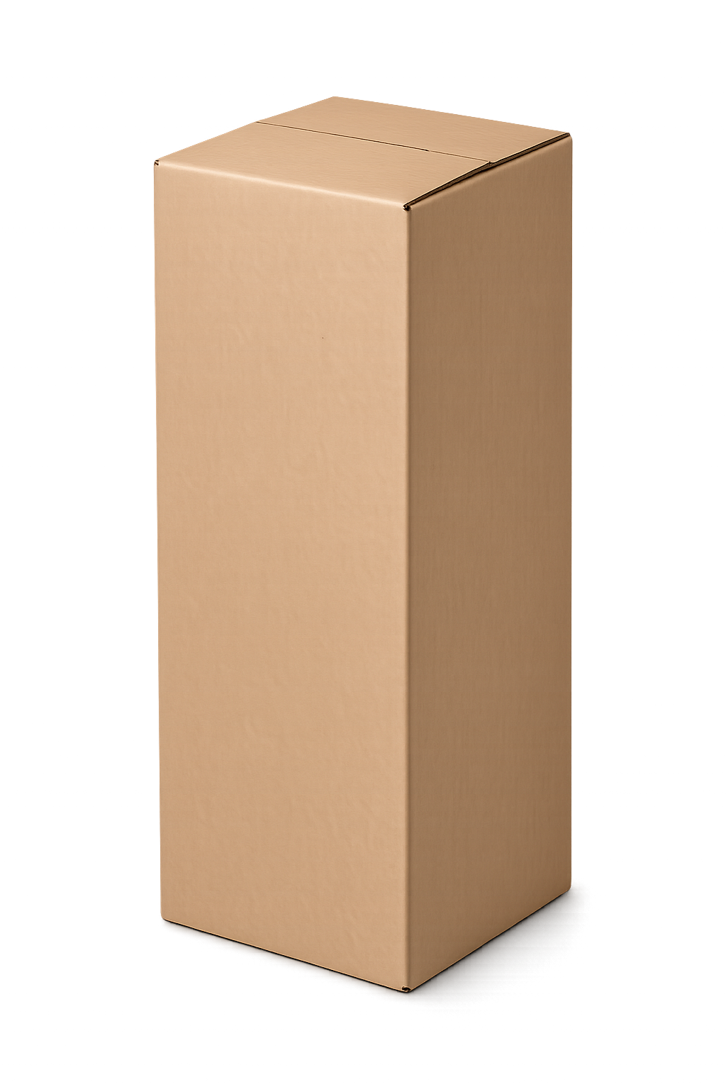 A pallet of 500 9.5x9.5x18 corrugated boxes is shown, featuring tall, rectangular, plain brown cardboard boxes standing upright on a white background with no labels or markings.