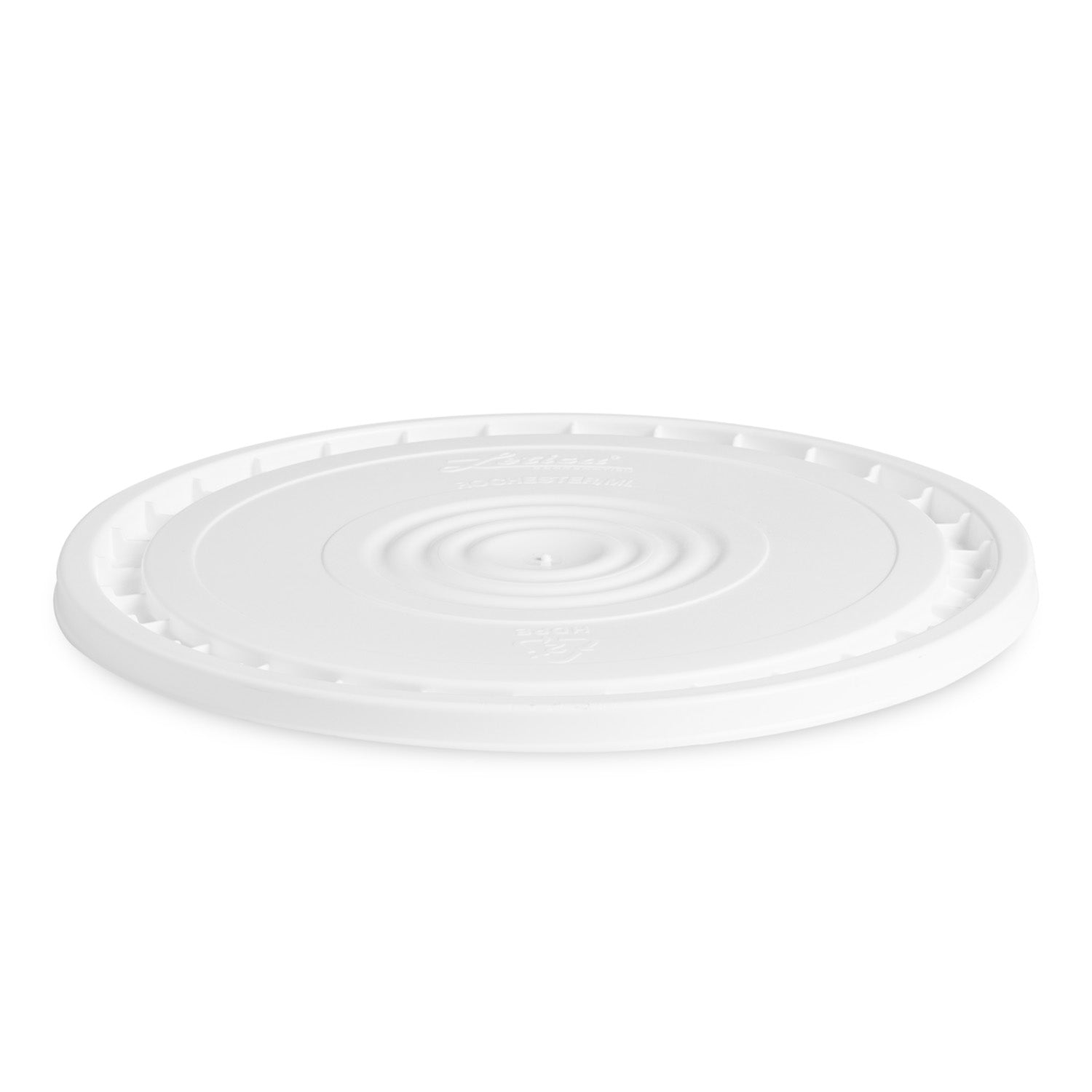 The BPA-Free Food-Grade Easy-Off Lid (LA5GSOFT) is a white, round plastic lid with a raised edge and ribbed inner ring, designed to securely fit 3.5, 5, and 7 gallon buckets. Features include concentric circles and embossed text.