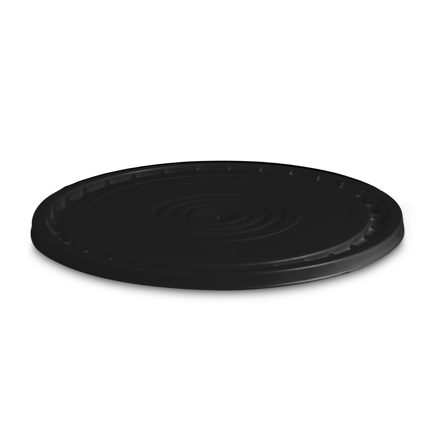 A BPA-free, food-grade Easy-Off black plastic lid for 3.5, 5, and 7 gallon buckets (LA5GSOFT), round with a slightly raised rim and textured surface, shown against a white background.