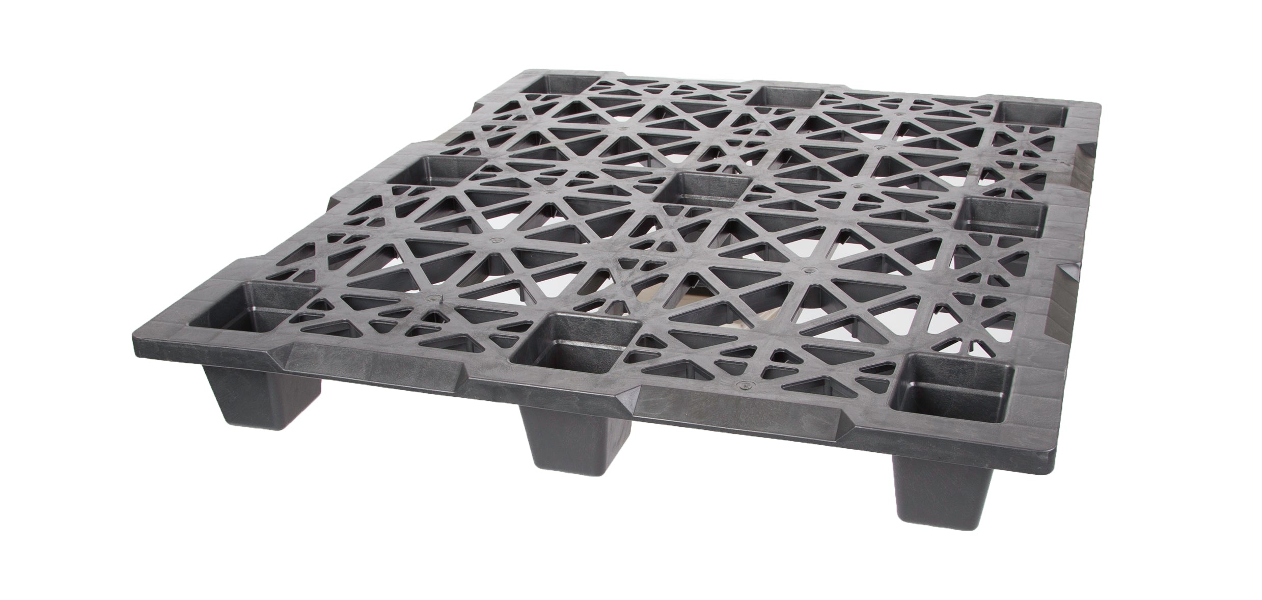 The 48x40 Export Nestable Pallets - Case of 50 features black plastic pallets with a grid-like open lattice and nine solid legs, ideal for transporting or storing goods.