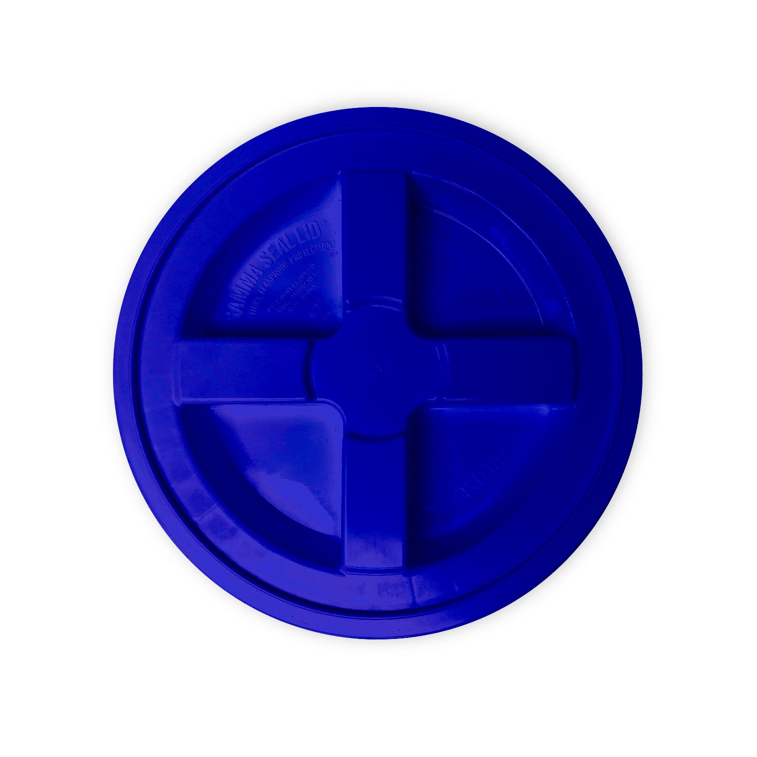 A BPA-free food-grade Gamma Seal Lid for 3.5, 5, and 7 gallon buckets in blue plastic, featuring four raised sections forming a cross pattern, shown from above on a white background.