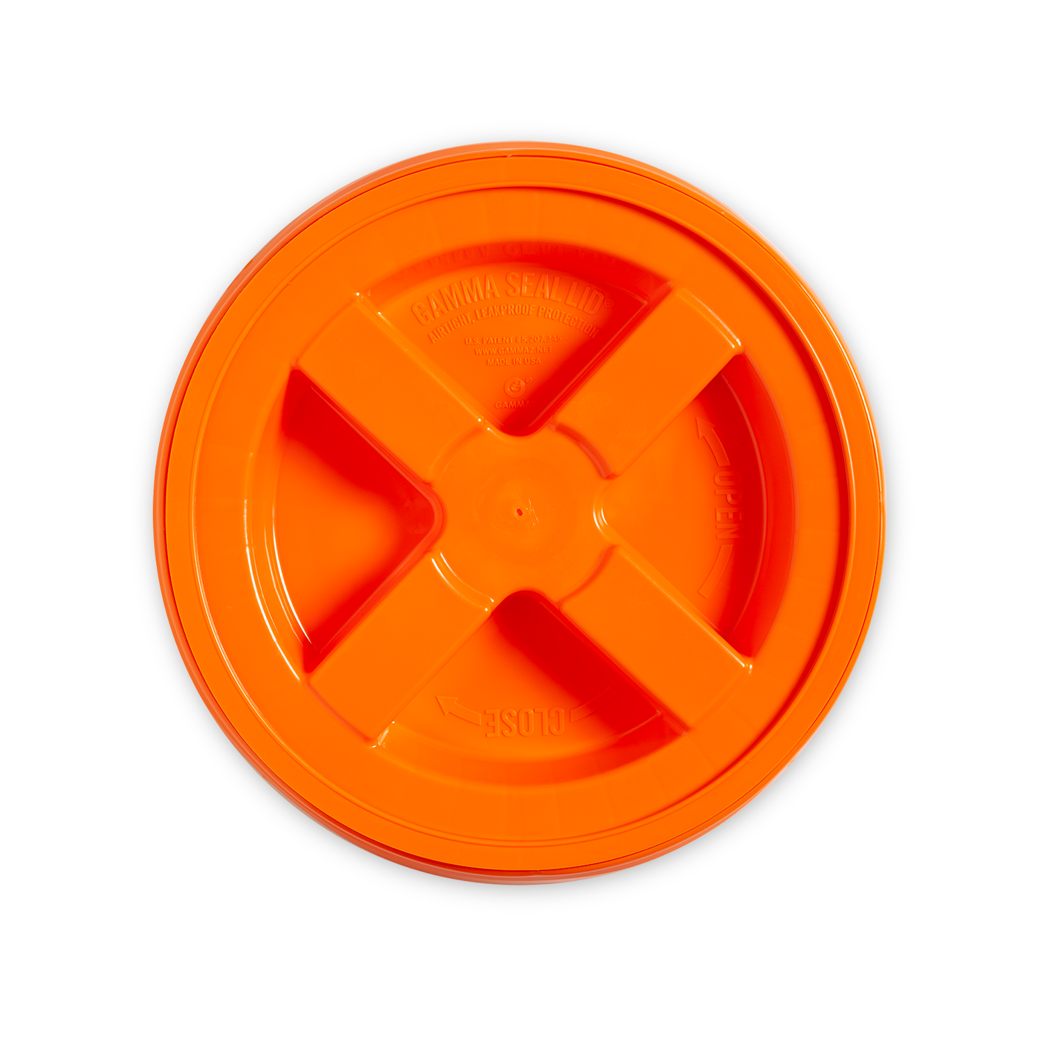 A BPA-free food-grade Gamma Seal Lid for 3.5, 5, & 7 gallon buckets is shown in bright orange with a round, cross-shaped design, displayed against a plain white background.
