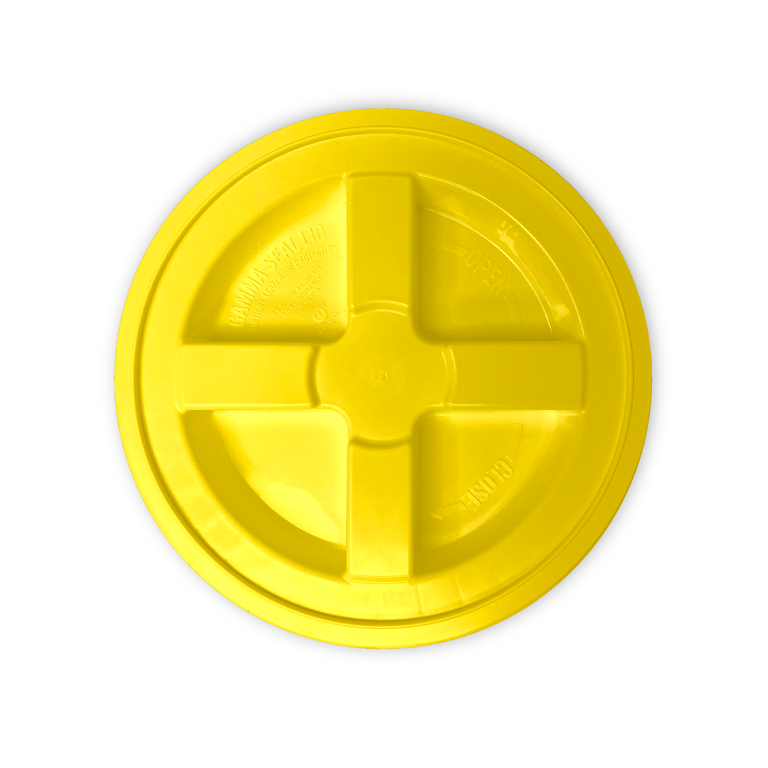 A BPA-Free Food-Grade Gamma Seal Lid for 3.5, 5, & 7 gallon buckets—shown from above in bright yellow with a round shape and cross-shaped raised design against a white background.