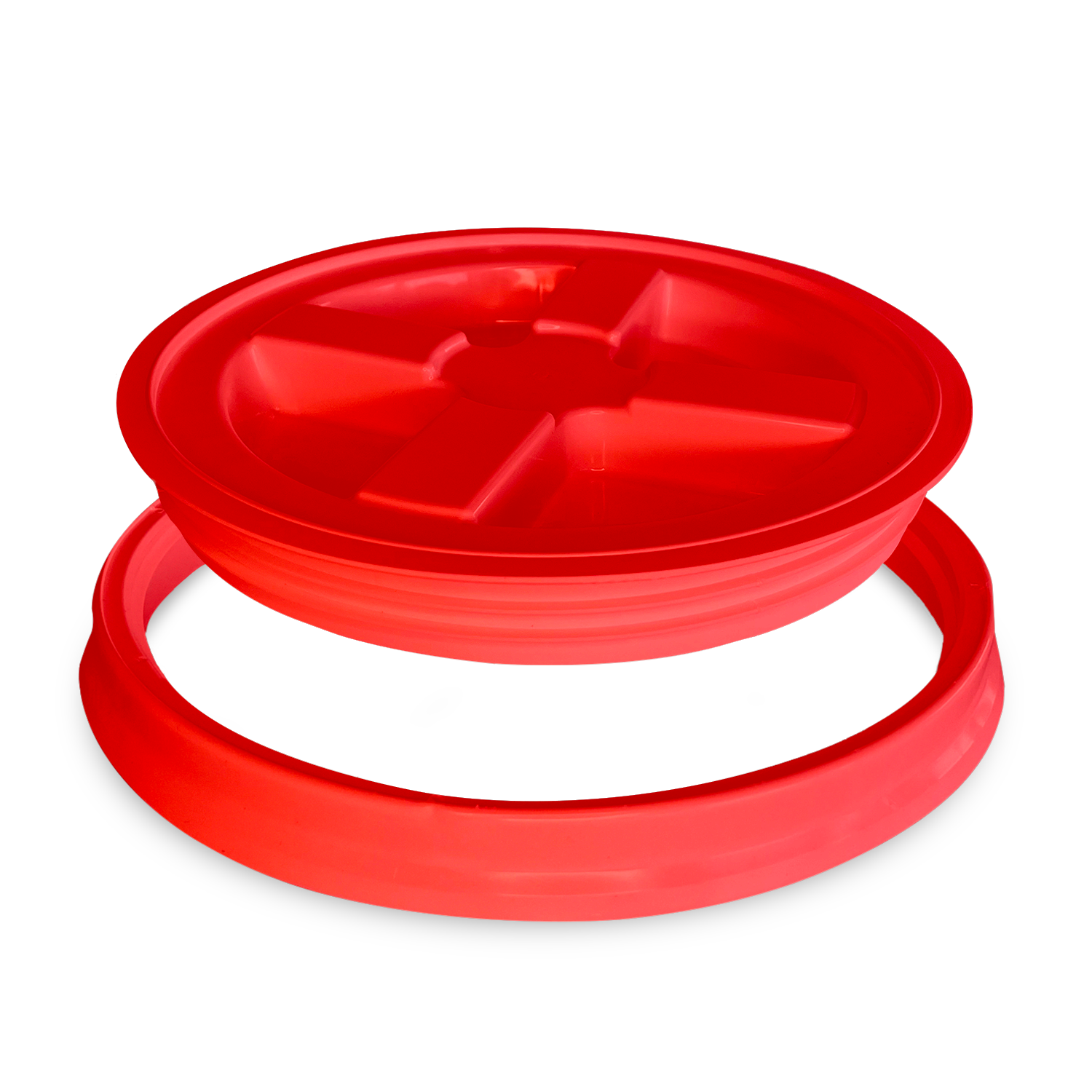 A BPA-Free Food-Grade Gamma Seal Lid for 3.5, 5, & 7 gallon buckets (1 count) in red is shown with its round divided design and matching ring, displayed on a plain white background.
