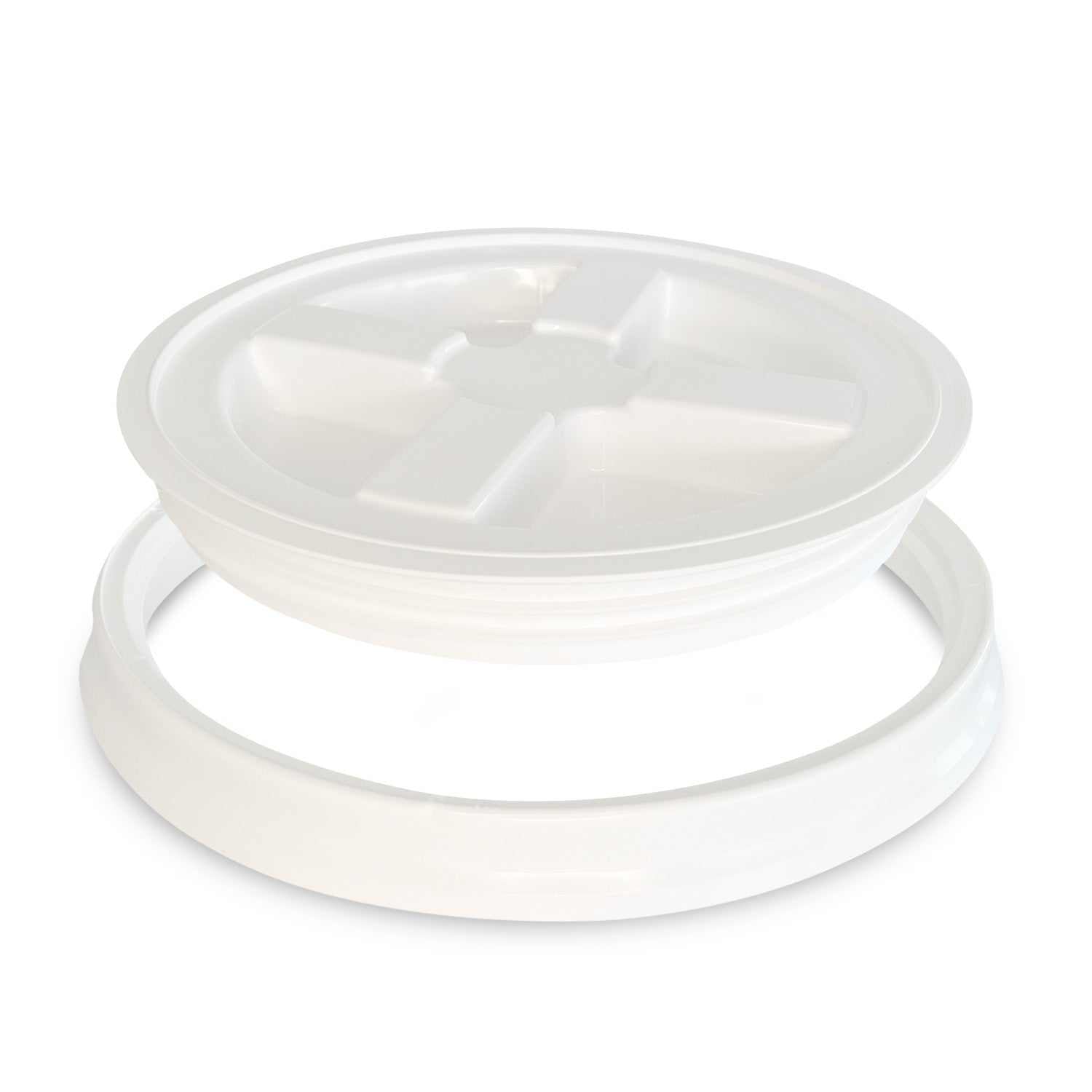 A BPA-Free Food-Grade Gamma Seal Lid for 3.5, 5, and 7 gallon buckets is shown against a plain white background; it features a white plastic construction with a detachable ring for secure container sealing.