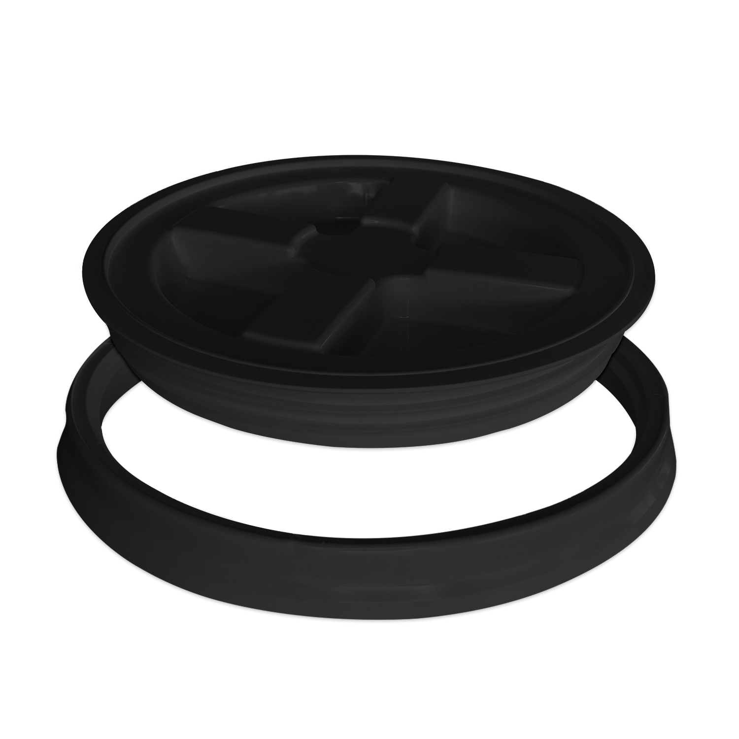 A black, round BPA-Free Food-Grade Gamma Seal Lid for 3.5, 5, & 7 gallon buckets with a separate black ring is shown on a white background. The lid features a raised center and divided sections. One count per package.