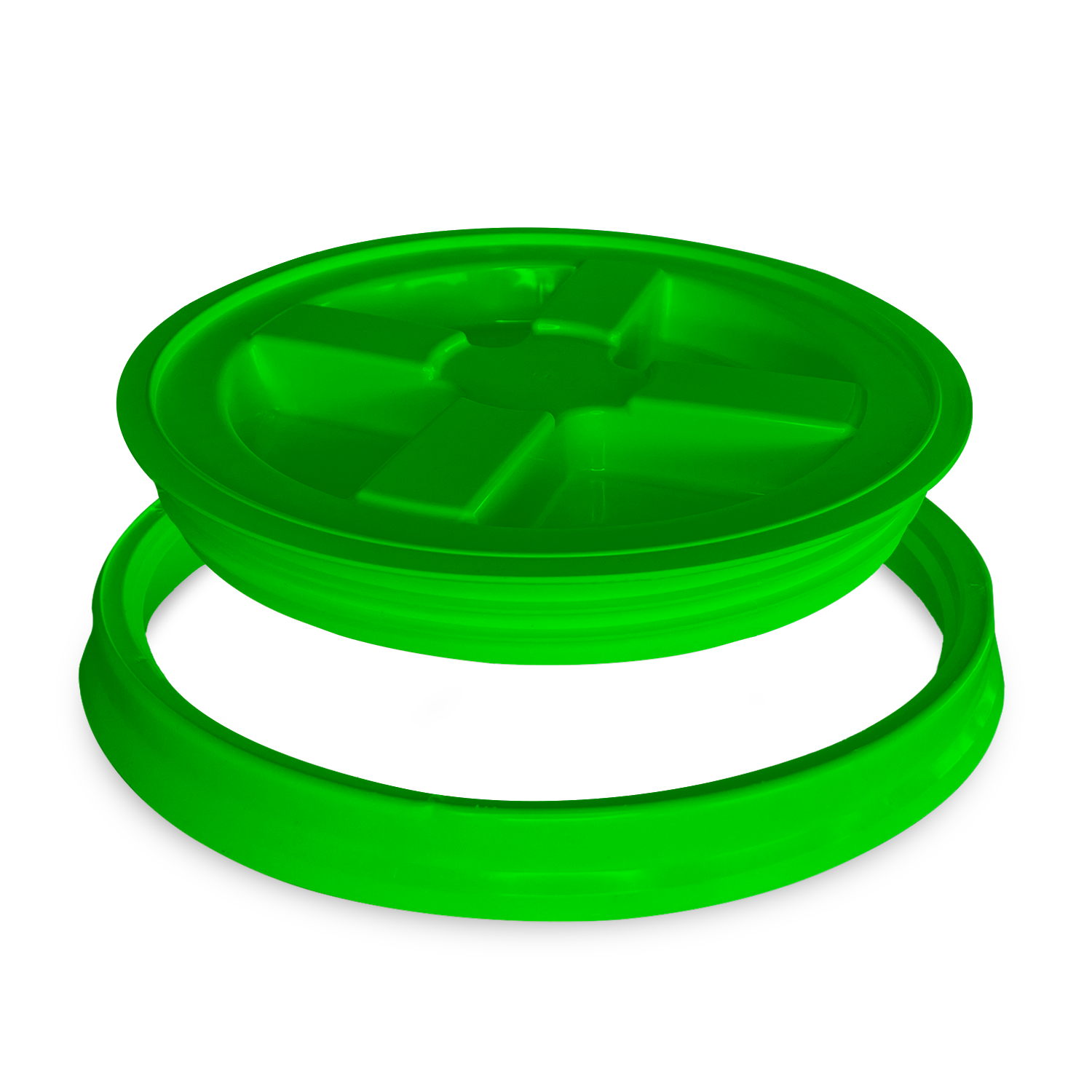 A vibrant green, round BPA-free Gamma Seal lid with a matching ring is shown on a white background. Designed for 3.5, 5, and 7 gallon buckets, the food-grade plastic lid features a cross-grooved top.