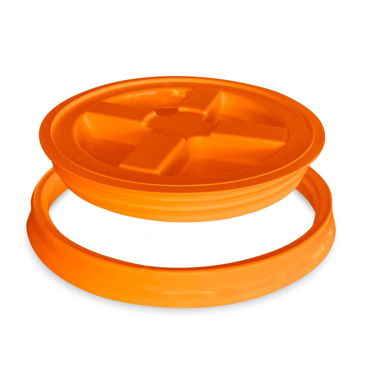 A BPA-Free Food-Grade Gamma Seal Lid for 3.5, 5, & 7 gallon buckets (1 count) in orange, round plastic with four compartments is shown above a matching rim against a plain white background.