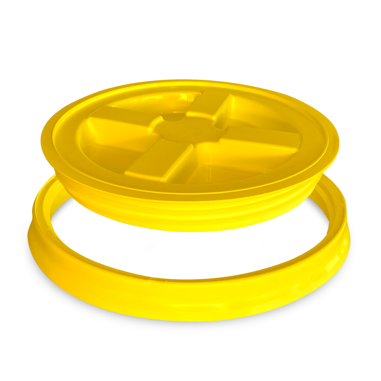 A BPA-Free food-grade yellow plastic Gamma Seal lid for 3.5, 5, and 7 gallon buckets is shown with its round cross-shaped top slightly detached from the matching ring base, all on a plain white background.