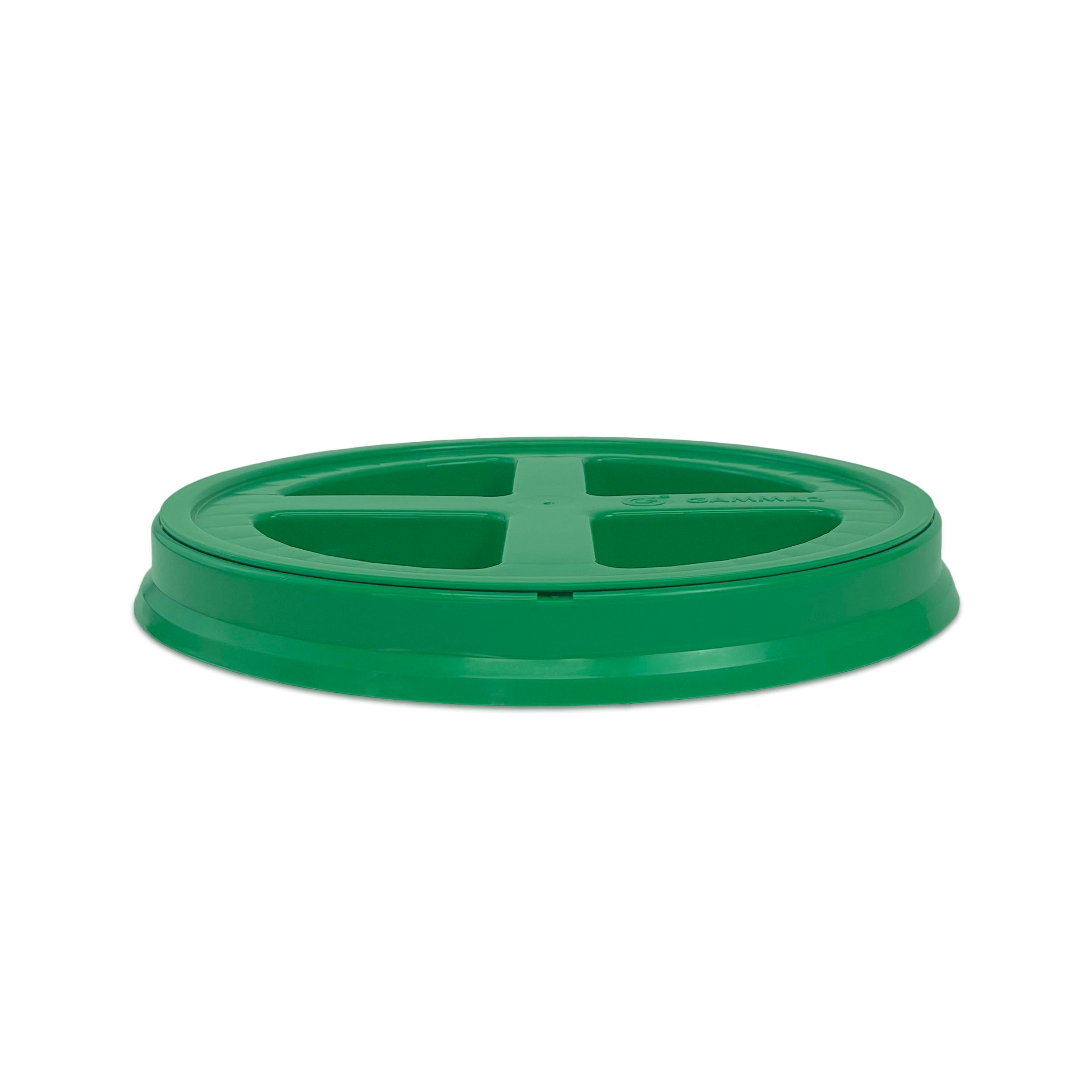 A BPA-free food-grade Gamma Seal Lid for 3.5, 5, and 7 gallon buckets is shown from the side against a white background. The green plastic lid is round and features four raised sections. 1 count per package.
