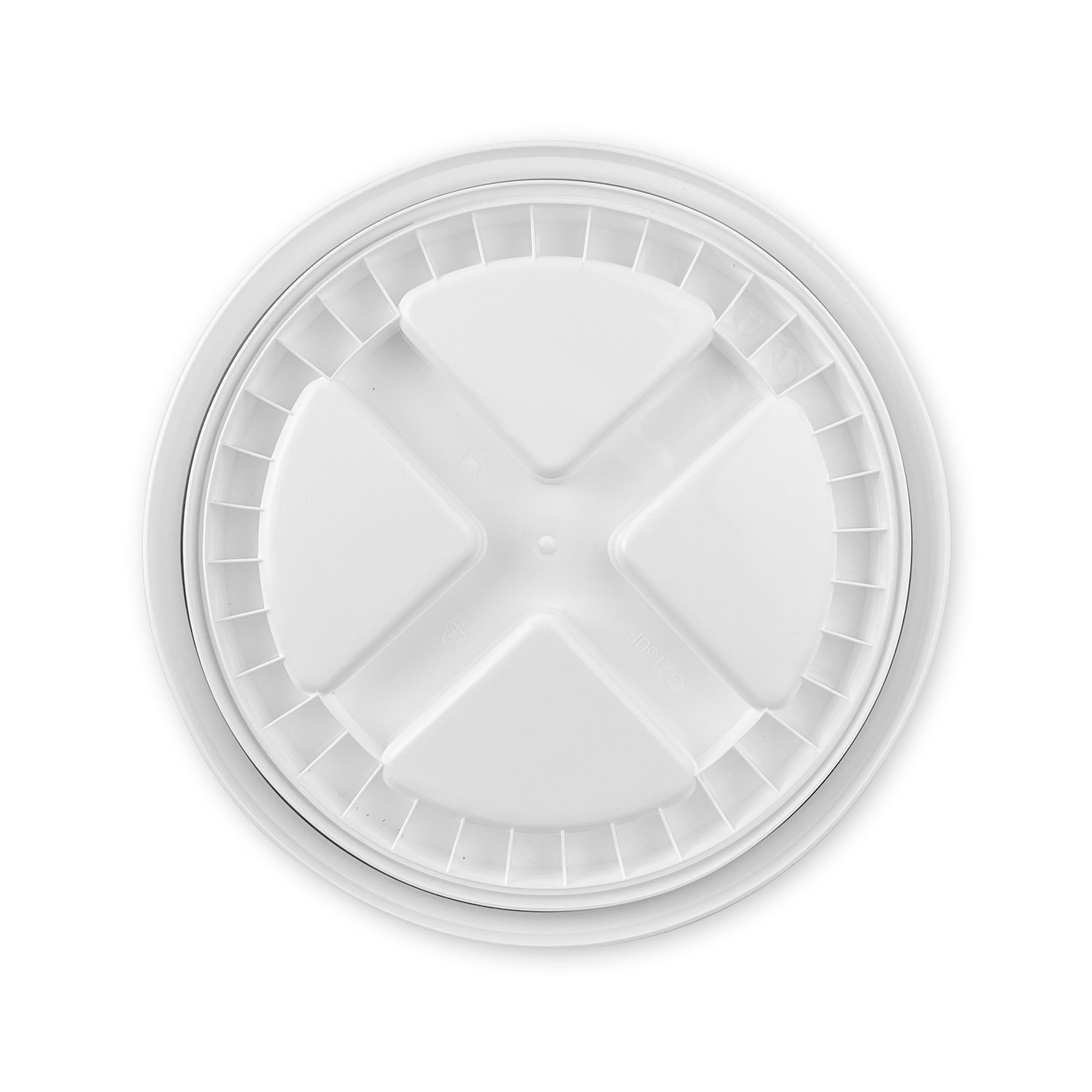 A white BPA-Free Food-Grade Gamma Seal Lid, designed for 3.5, 5, and 7 gallon buckets, features a round shape with a wide rim and raised sections as viewed from above. Includes one lid per pack.