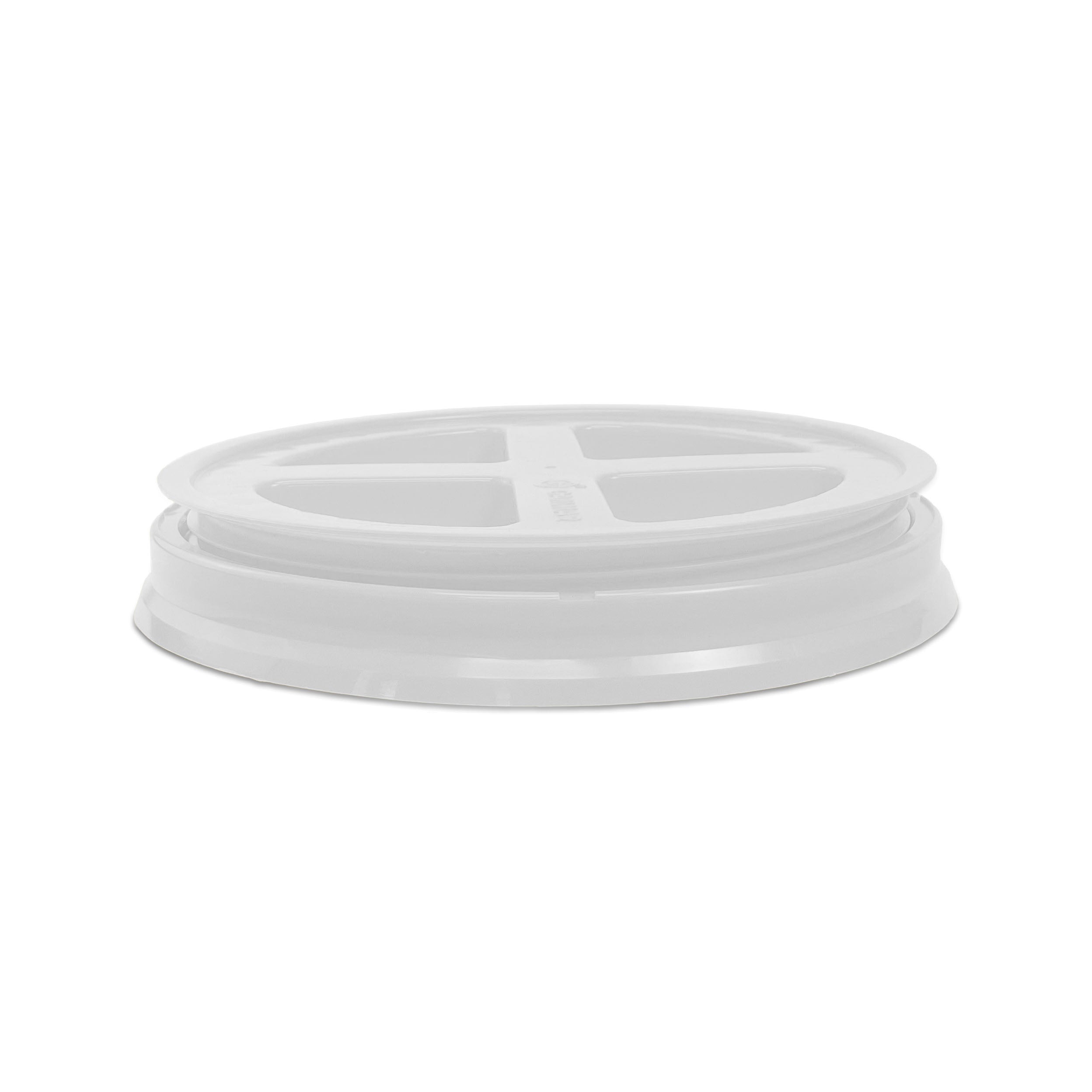 A BPA-free, food-grade Gamma Seal Lid for 3.5, 5, and 7 gallon buckets; white, round plastic with four cross-shaped openings, shown on a plain white background (1 count).