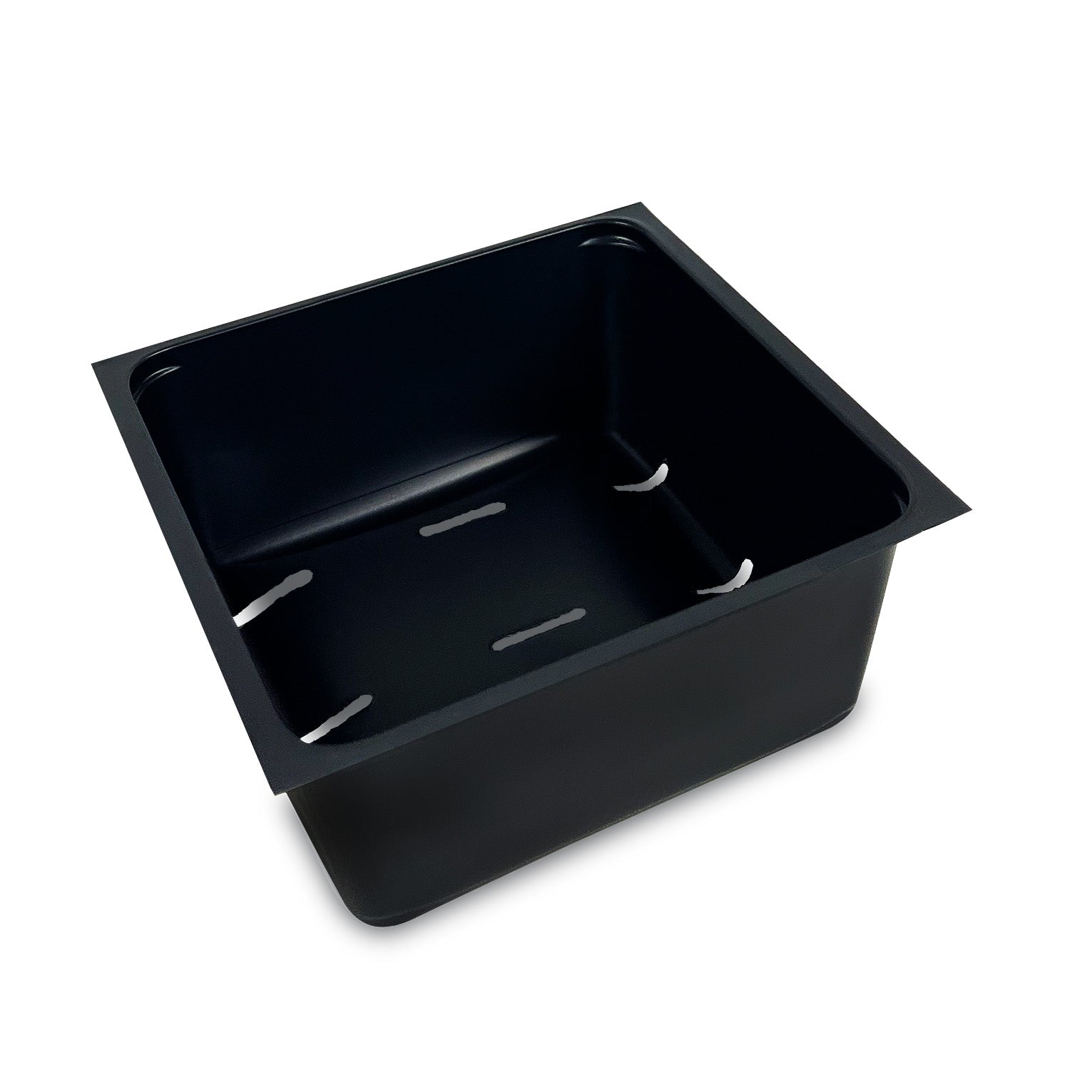 A black, square plastic 5" x 5" Grow Trays Insert from an 8-insert sheet (case of 10) is shown empty, with rounded edges and bottom slots, viewed from above at an angle—for storage or planting.