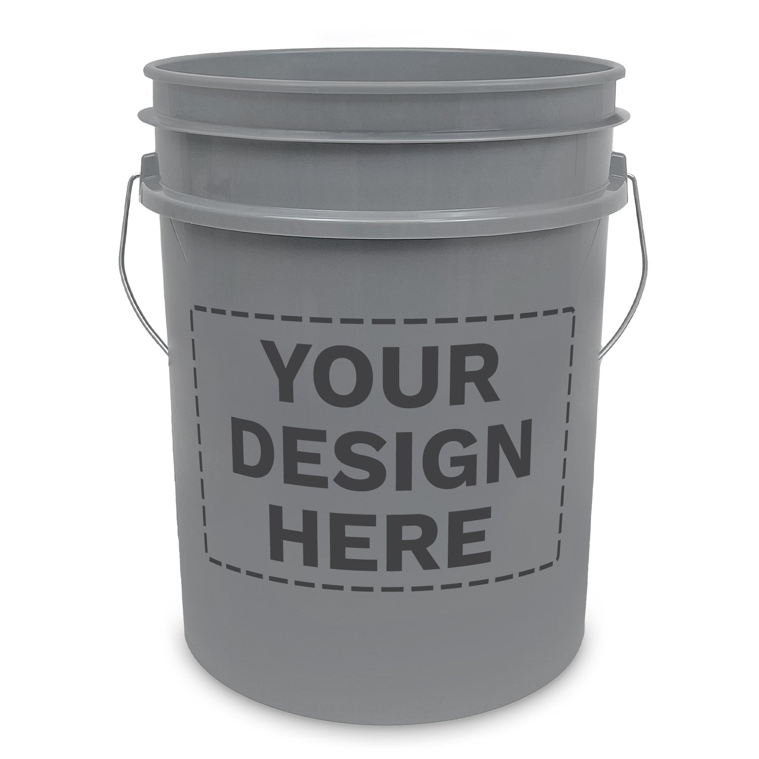 The Custom 5 Gallon Bucket is a plain gray plastic bucket with a metal handle and a front area labeled "YOUR DESIGN HERE" in bold black letters, highlighting its customizable surface.