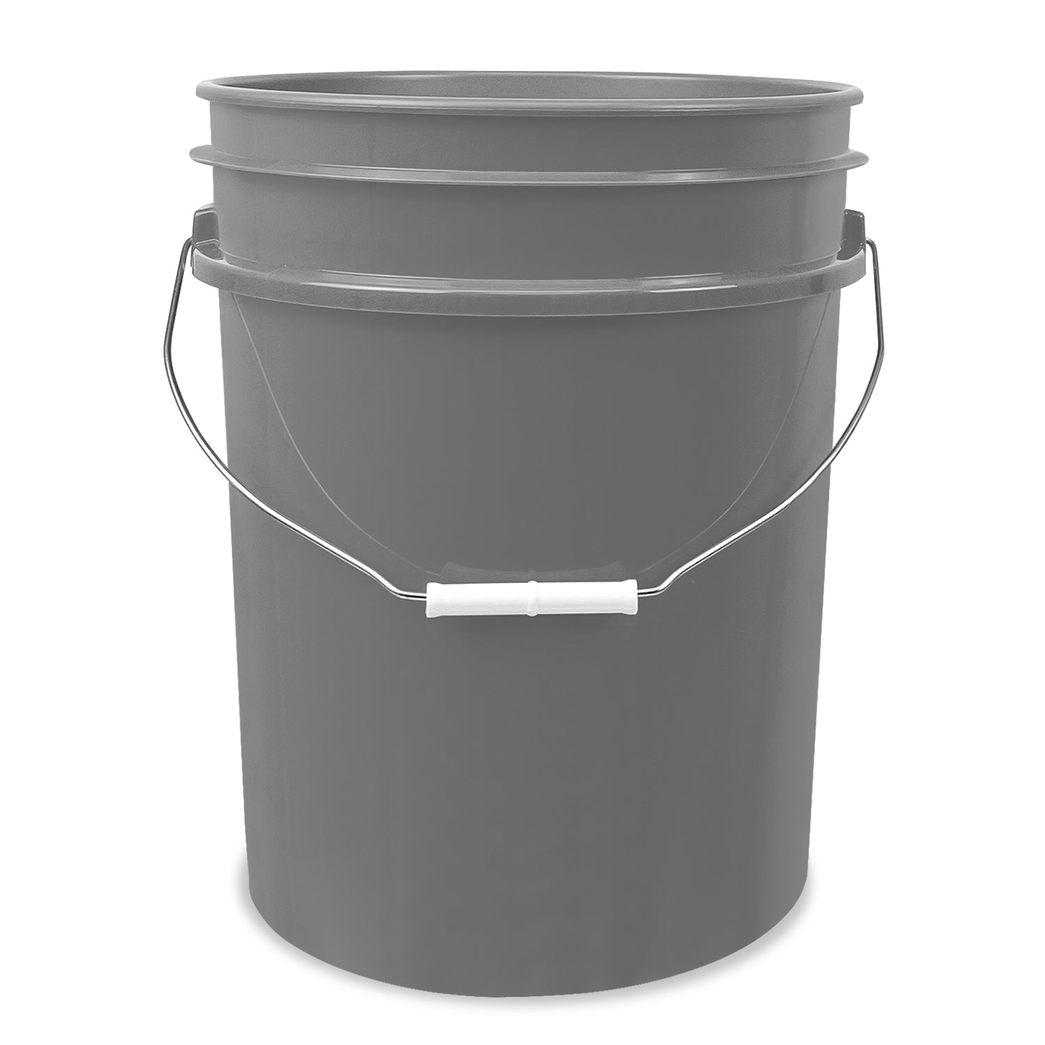 A 5-gallon, gray, BPA-free food-grade plastic bucket (90 mil) with a metal handle and white grip is shown against a plain white background.