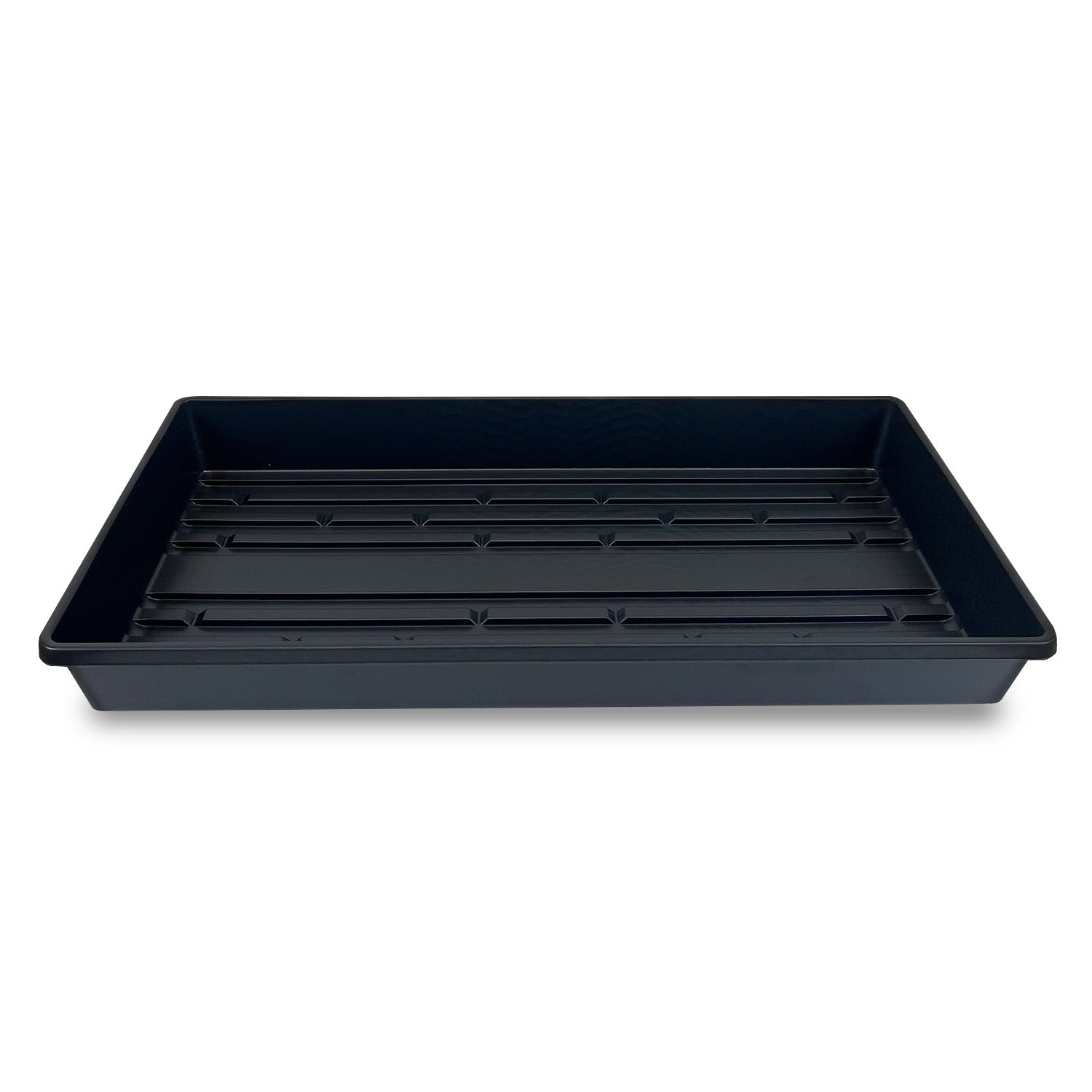 A front view of a black 20" x 10" rectangular plastic grow tray without holes, featuring slightly raised sides and a flat, grooved bottom; sold as a case of 10, shown against a white background.