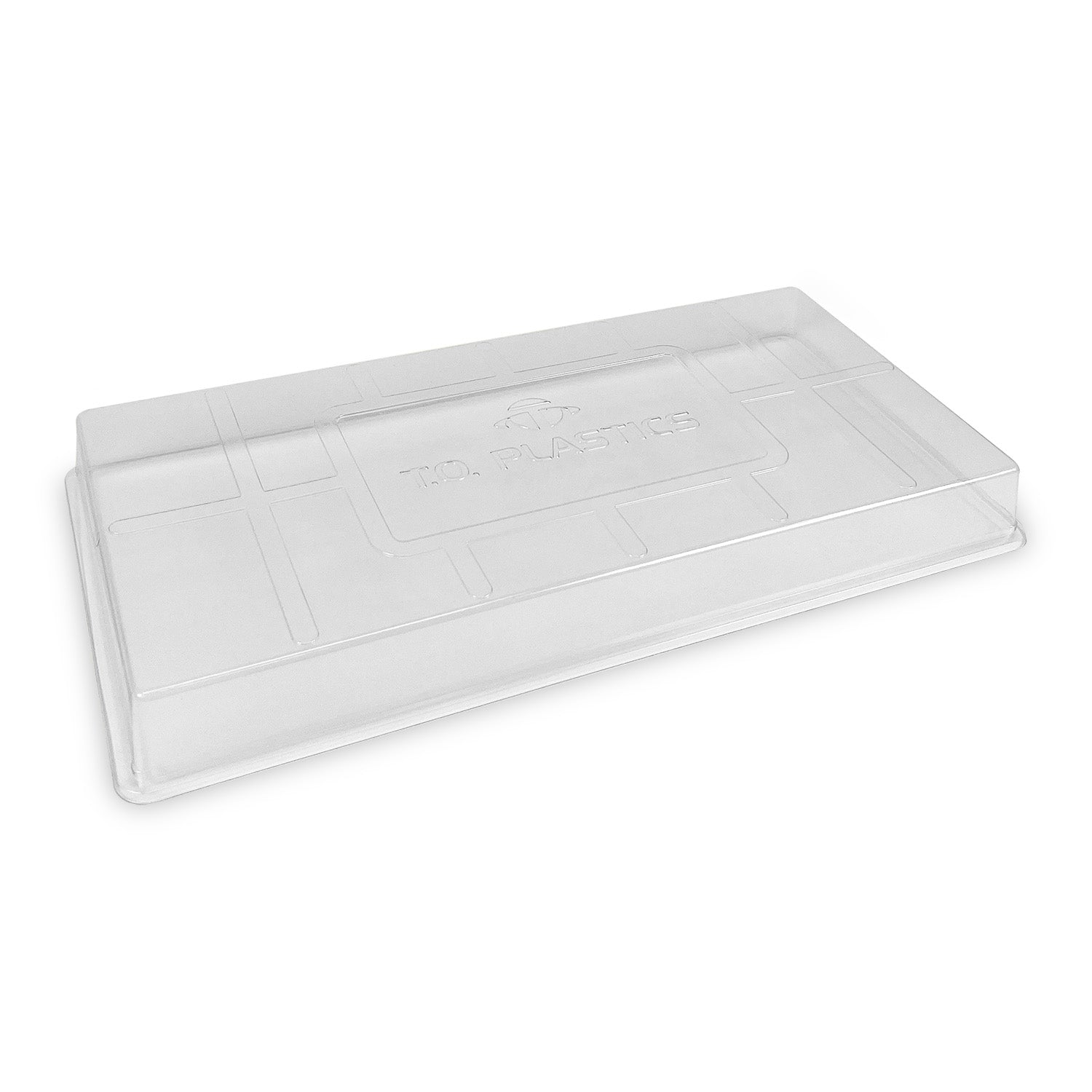 Clear Plastic Dome Lids for Standard Flats - Case of 10: Featuring raised edges and embossed text, these clear plastic lids securely cover and protect trays or containers.