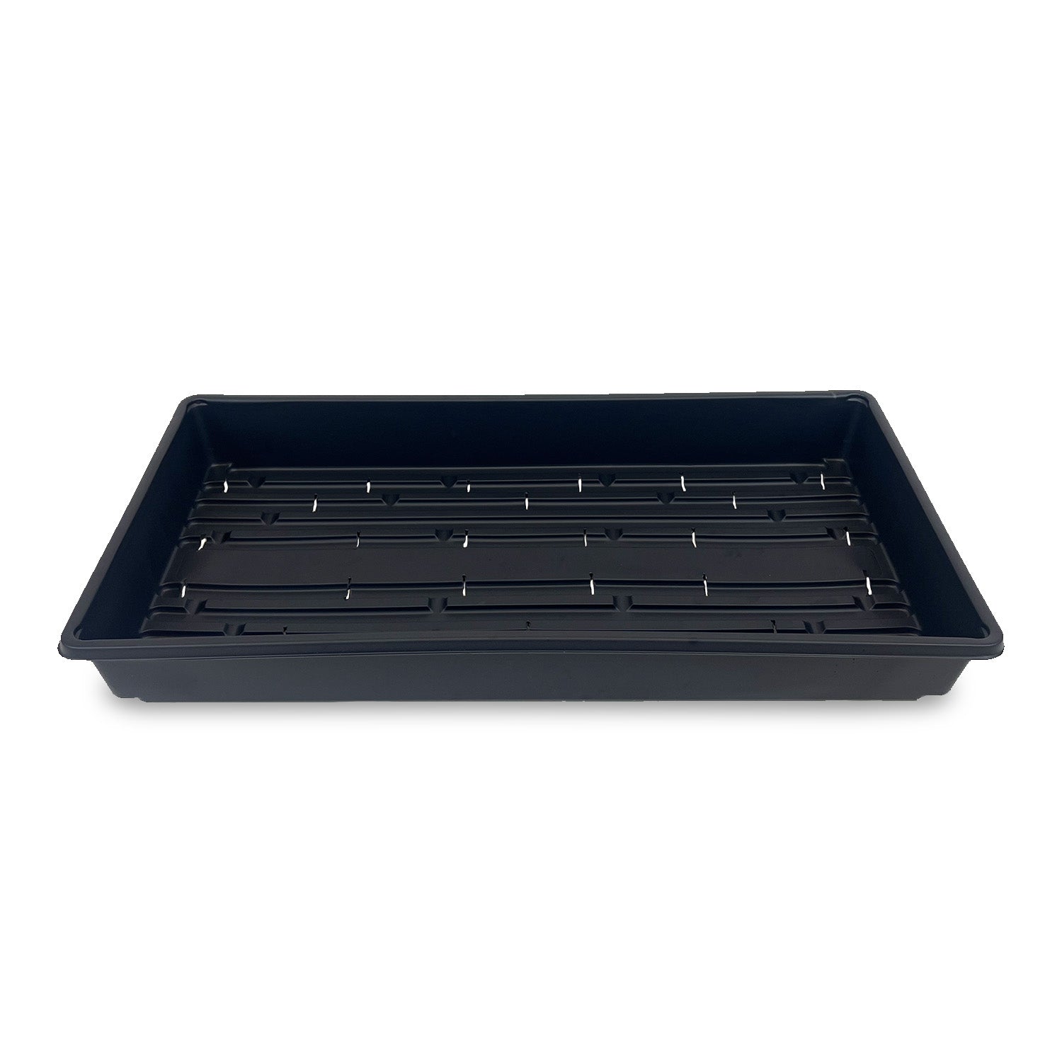 A case of ten 20" x 10" black rectangular plastic grow trays with holes and raised ridges on the bottom, shown from the front against a white background.