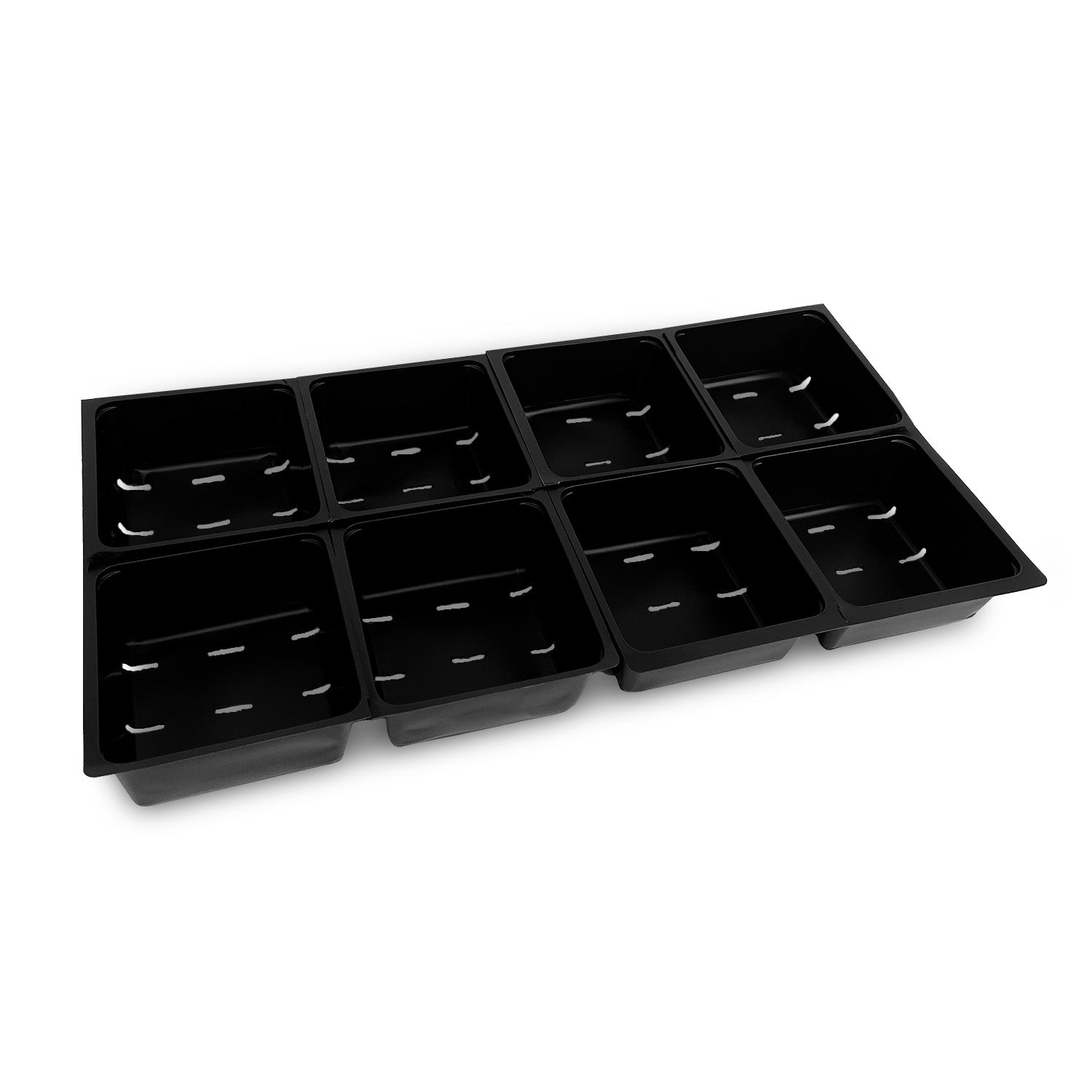 The 5" x 5" Grow Trays Insert Sheets feature eight black rectangular plastic compartments per sheet, each with multiple drainage holes on the bottom. Sold as a case of 10 sheets. Shown on a white background.