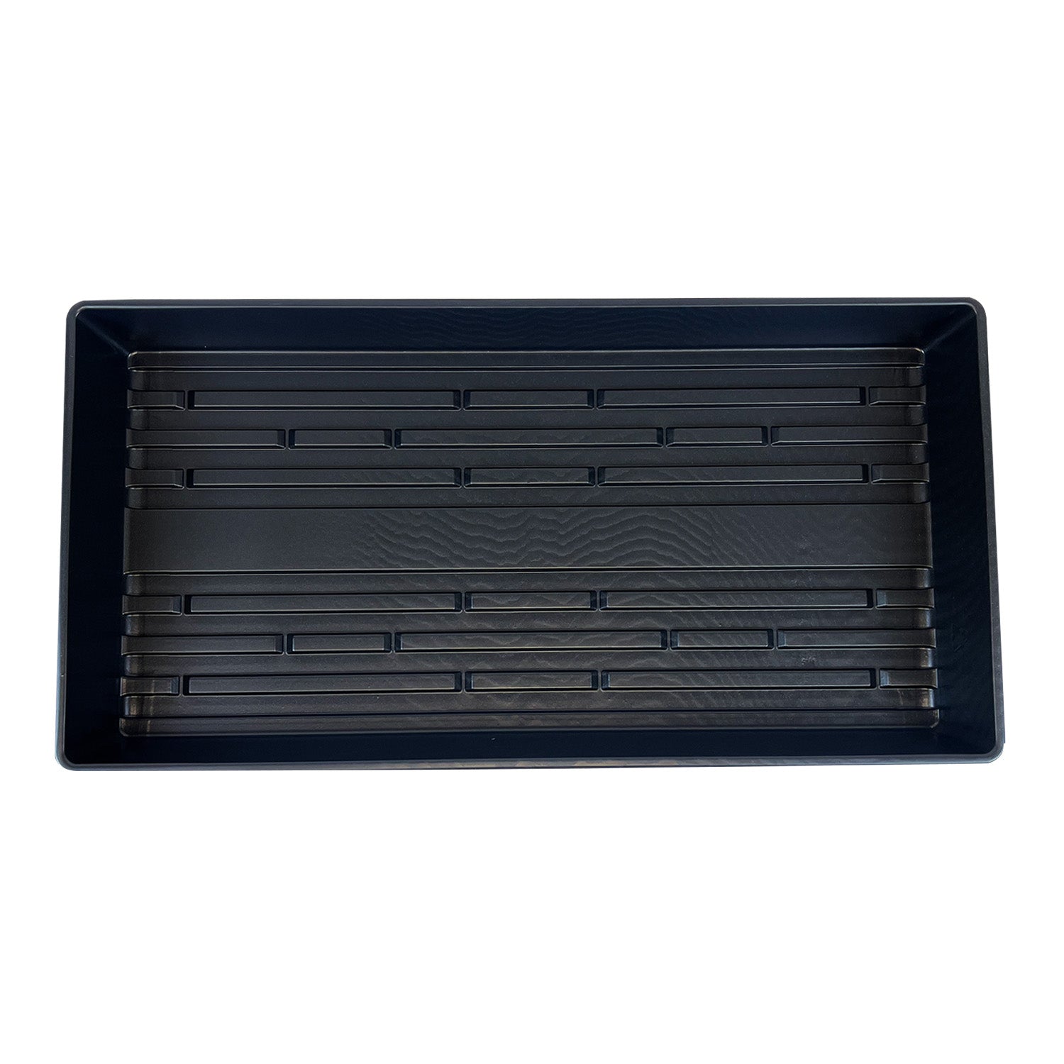 A pack of ten black 20" x 10" plastic grow trays without holes, featuring raised ridges on the bottom and shown from above.
